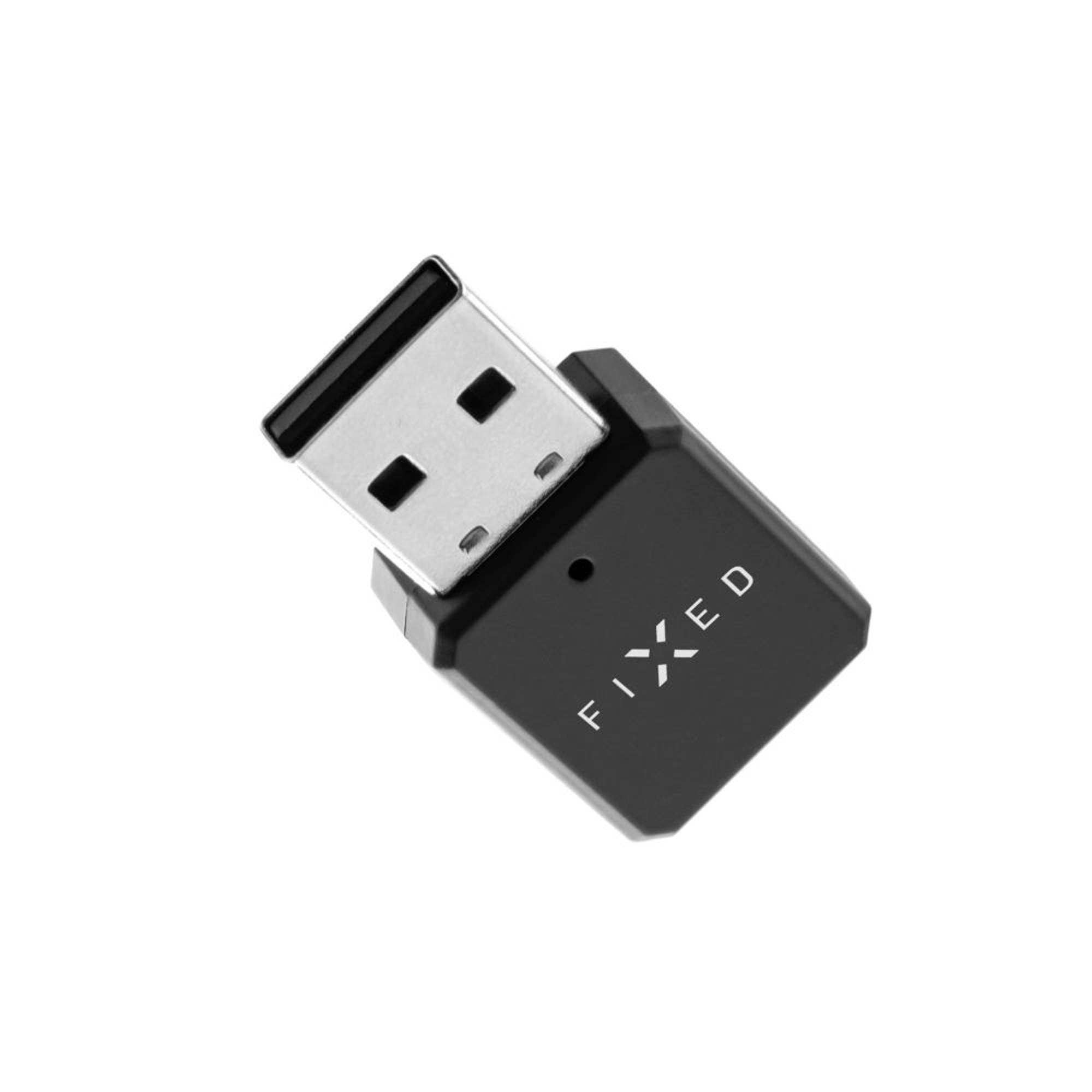 Adattatore USB nero marca 'FIXED'. Ha una porta USB e un piccolo punto.