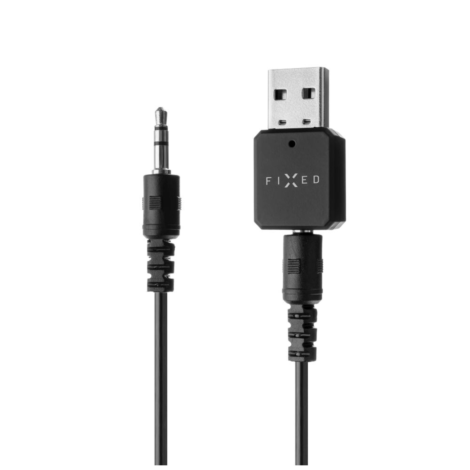 Un cavo audio nero con USB e jack da 3,5 mm.