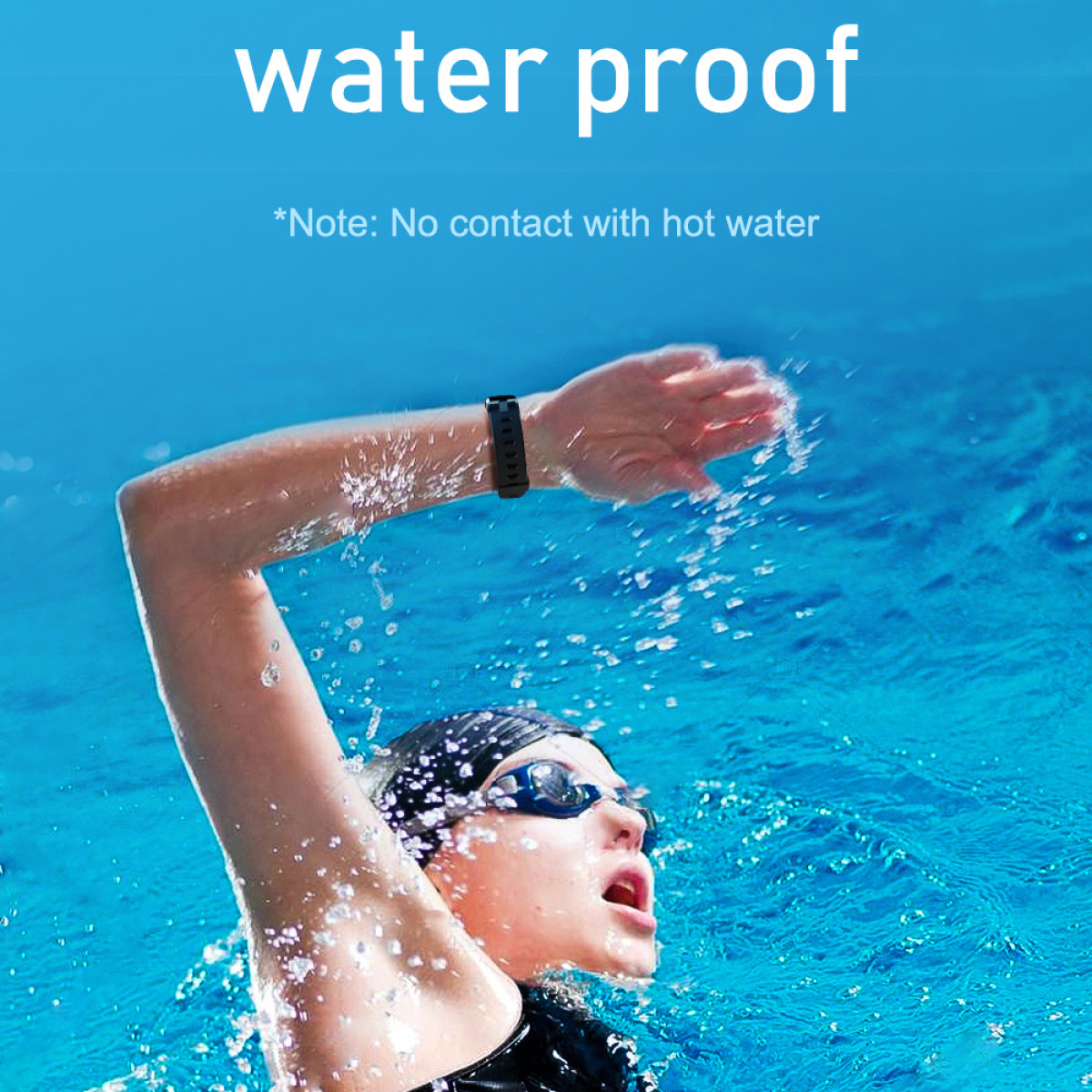 Pływak w basenie z napisem "wodoodporny" i notatką o unikaniu gorącej wody.