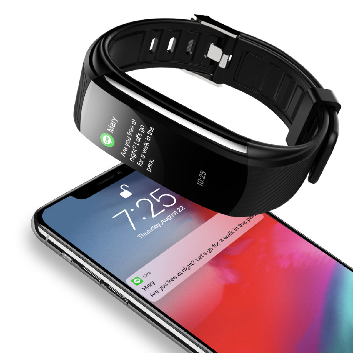 Czarny smartwatch wyświetlający wiadomość tekstową od Mary na smartfonie.