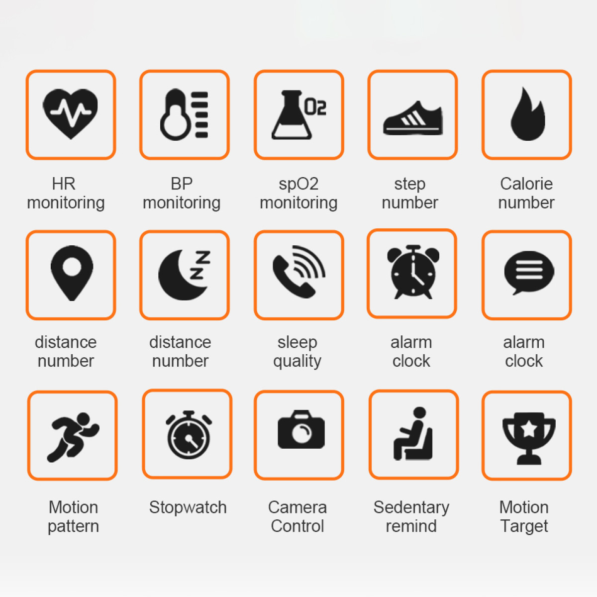 Ikony różnych funkcji śledzenia zdrowia i aktywności na czarnym tle.