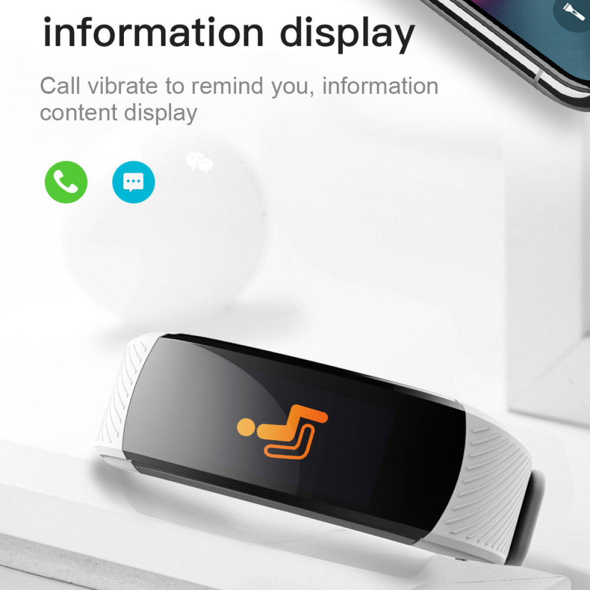 Czarna i biała opaska na nadgarstek z opcjami wyświetlania informacji: połączenie, wiadomość i aktywność.