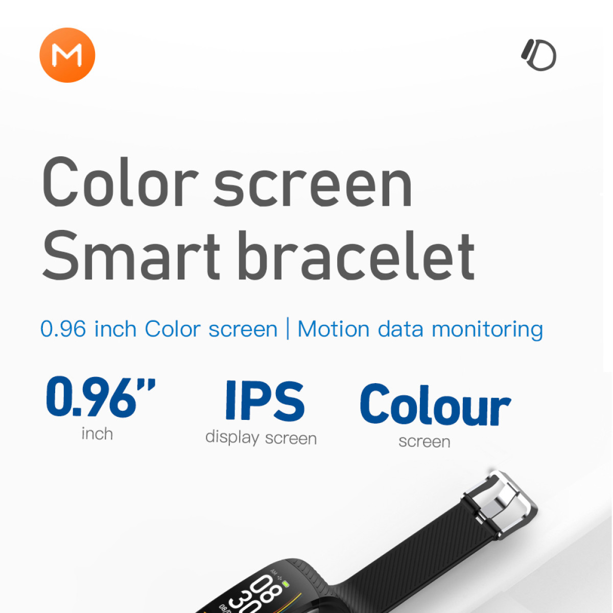 Inteligentna bransoletka z kolorowym ekranem. Tekst podkreśla kluczowe cechy, w tym rozmiar w calach i typ ekranu.