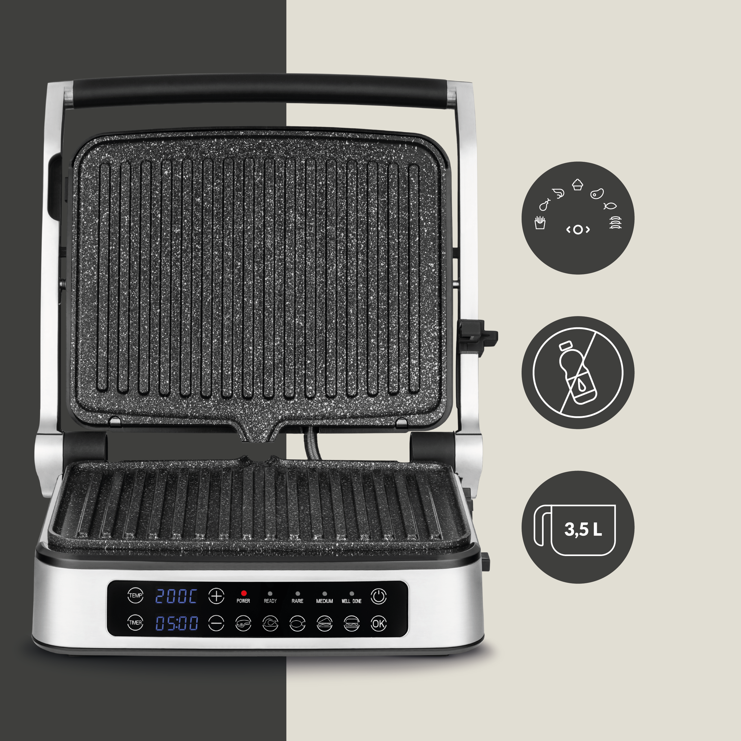 Ein offener elektrischer Grill mit schwarzer Kochfläche und digitaler Steuerung. Symbole sind für Einstellungen vorhanden.