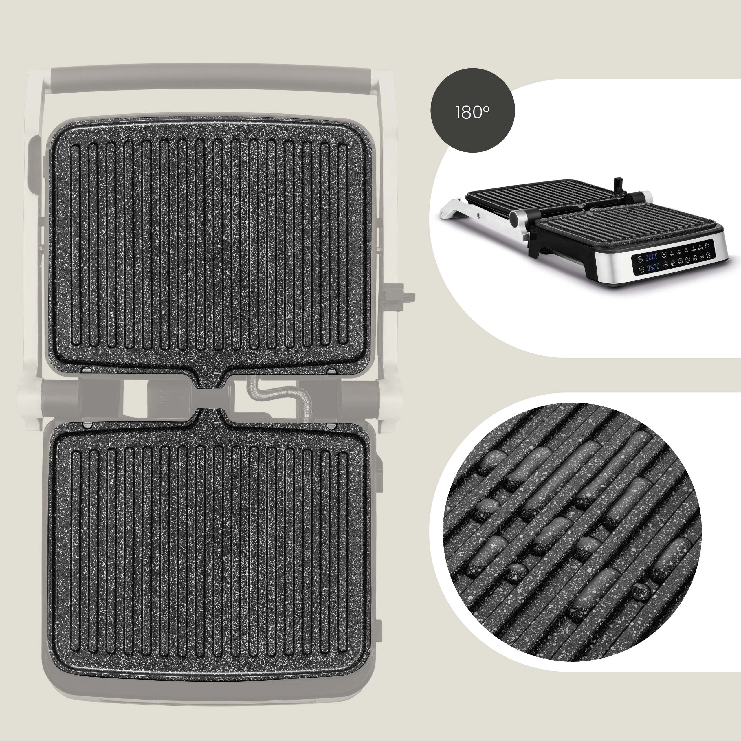 Ein zweiseitiger Grill mit Nahaufnahme seiner Oberfläche. Der Grill ist in einer Ansicht geöffnet.