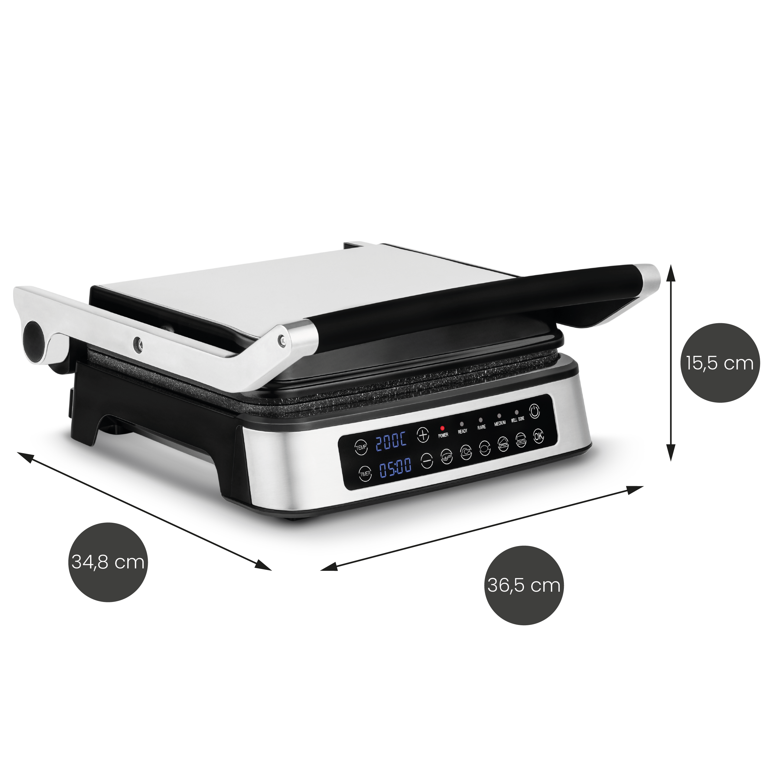 Silberner und schwarzer Grill. Abmessungen: 34,8 cm, 36,5 cm, 15,5 cm.