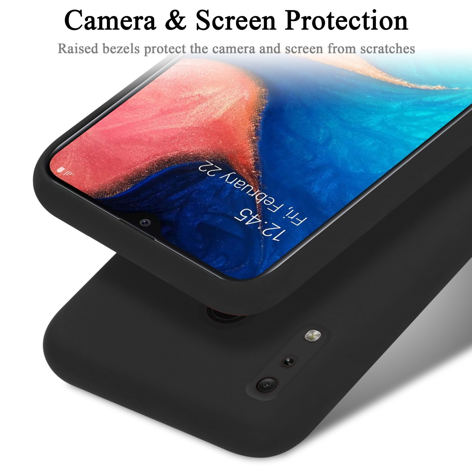 Schwarze Handyhülle auf einem schwarzen Handy. Erhöhte Blenden schützen den Bildschirm. Text: "Camera & Screen Protection".