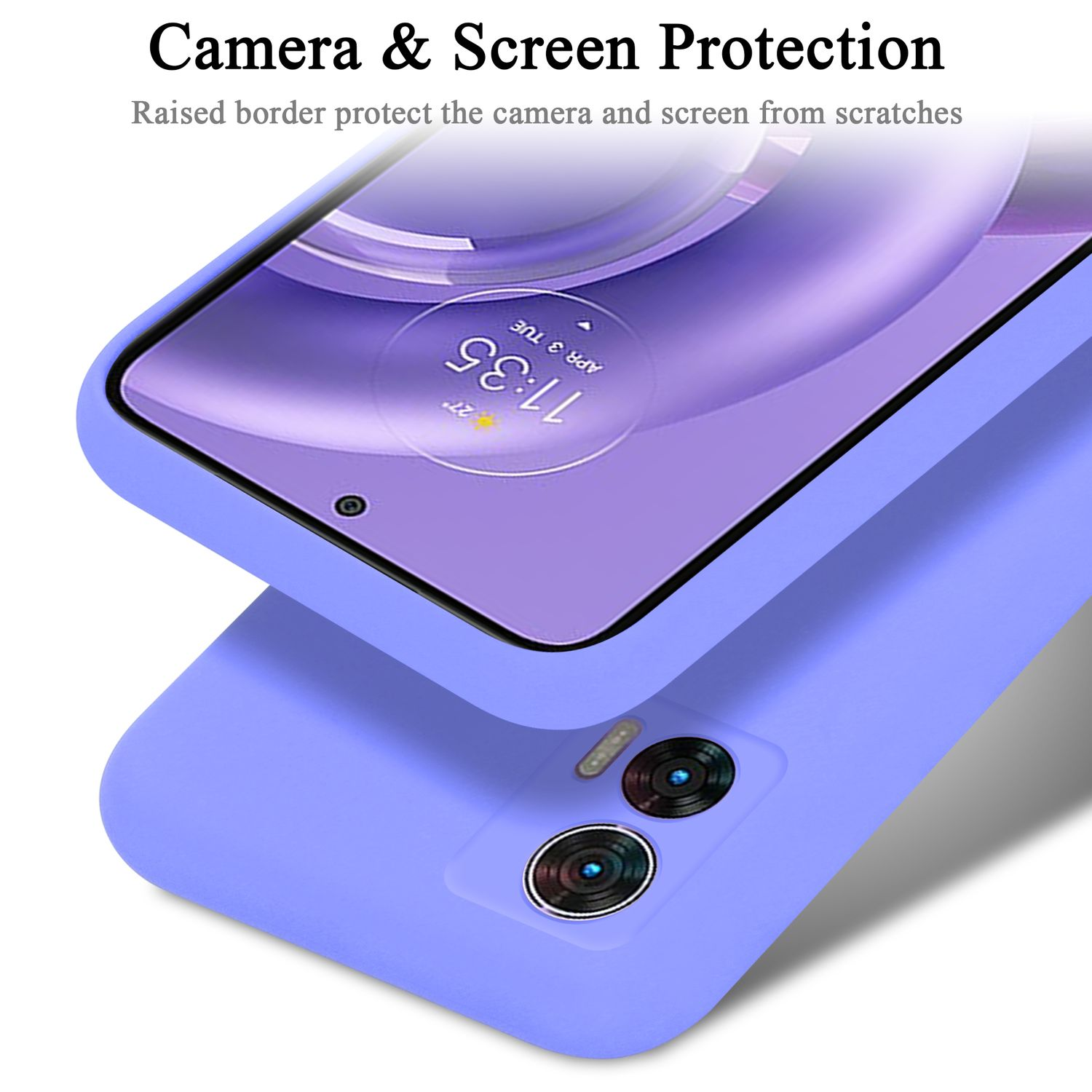 Ein Telefon in einer blauen Hülle. Der Telefonbildschirm zeigt die Uhrzeit. Text: Kamera- und Bildschirmschutz.