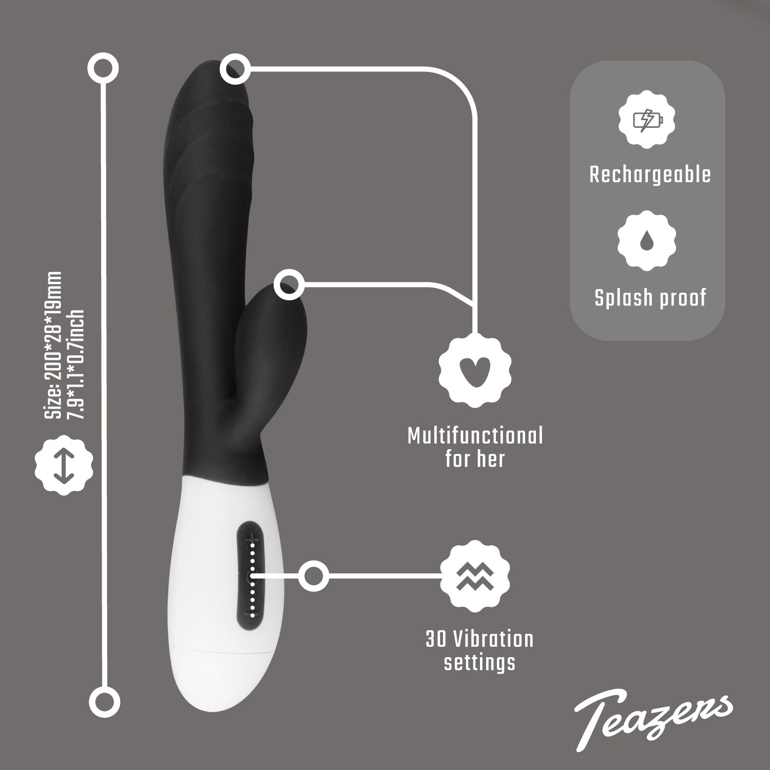 Sexspielzeug mit schwarz-weißem Design. Weiße Basis, schwarzer Kopf. Text: Wiederaufladbar, 30 Vibrationseinstellungen.