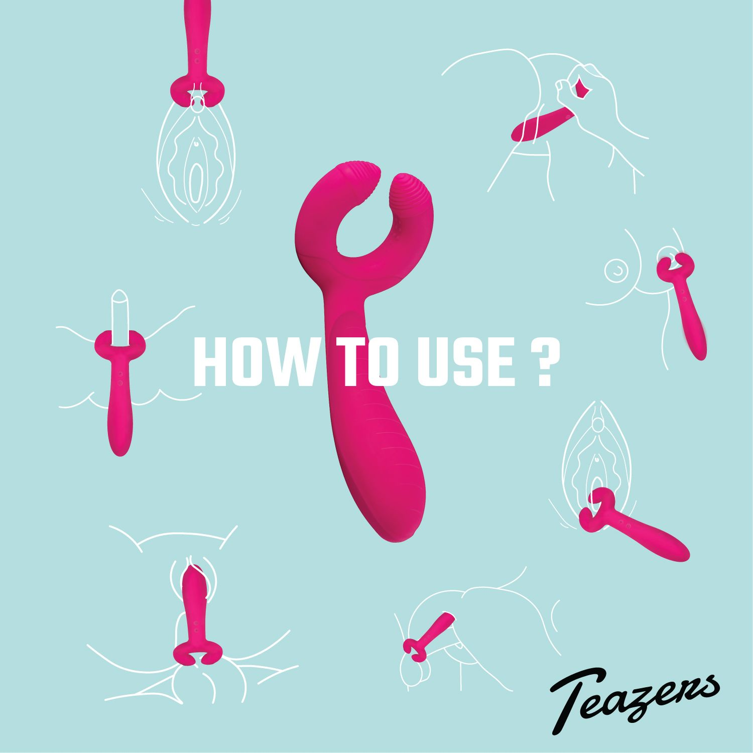 Rosa Sexspielzeug und Diagramme. Text 'HOW TO USE?' und Markenname 'Teazens' sind sichtbar.