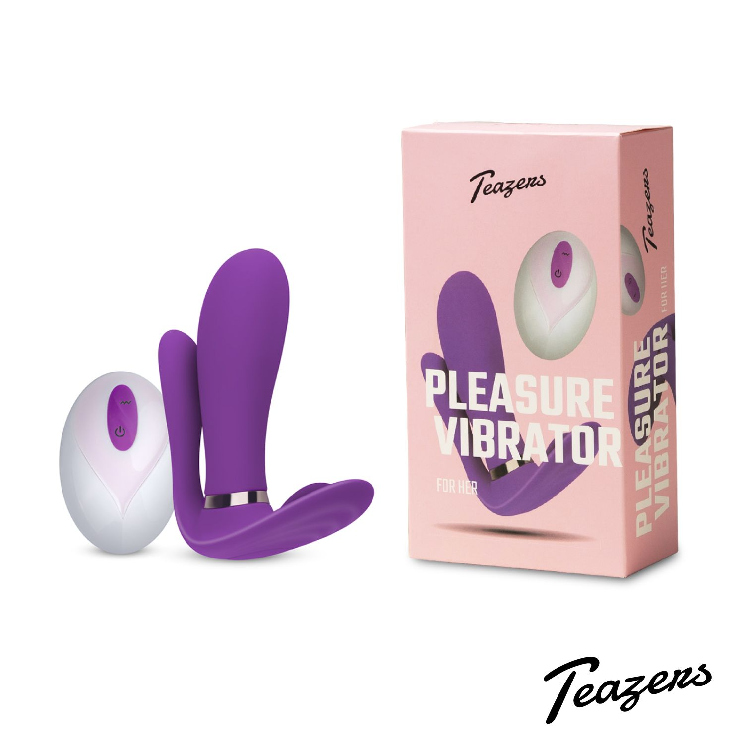 Vibrator und Box. Der Vibrator ist lila und weiß. Die Box ist pink mit weißem Text.