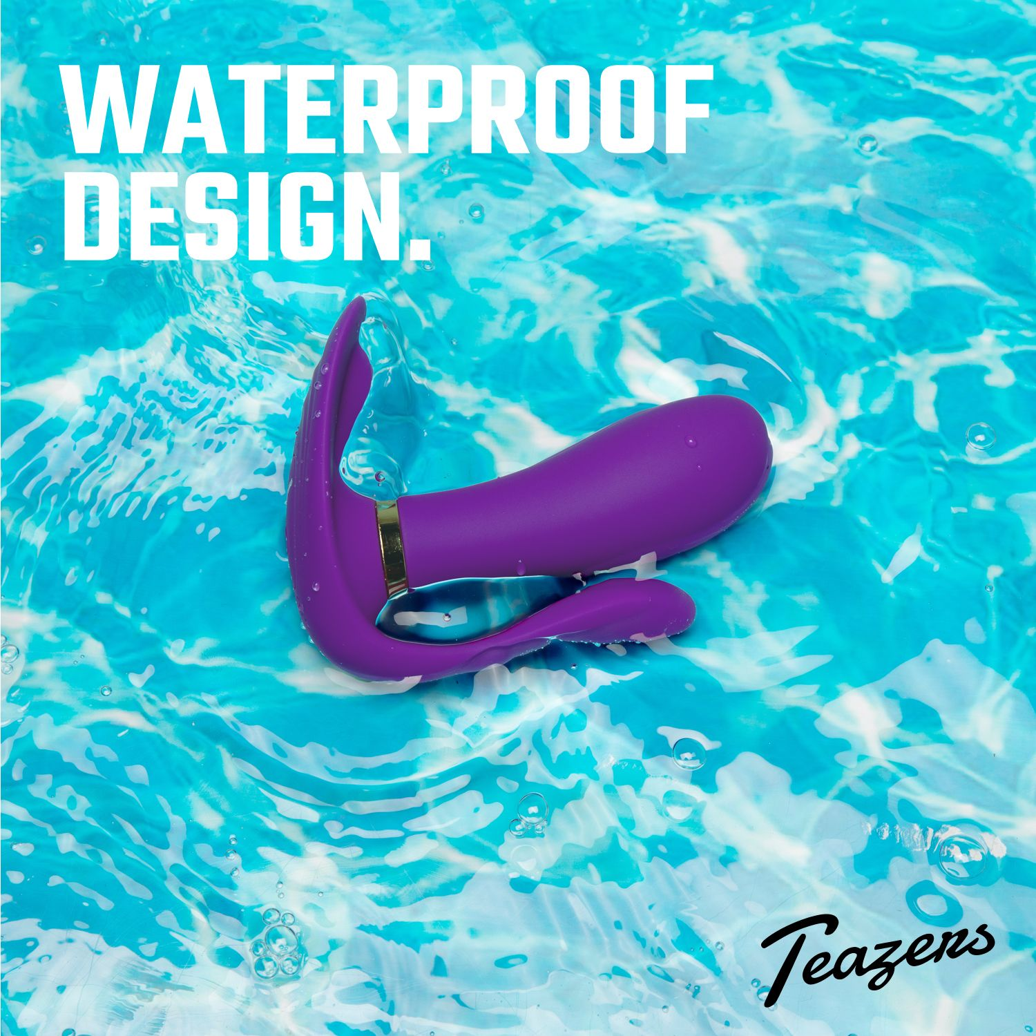 Lila Vibrator im Wasser. Text-Overlay: WATERPROOF DESIGN und Teazers-Logo.