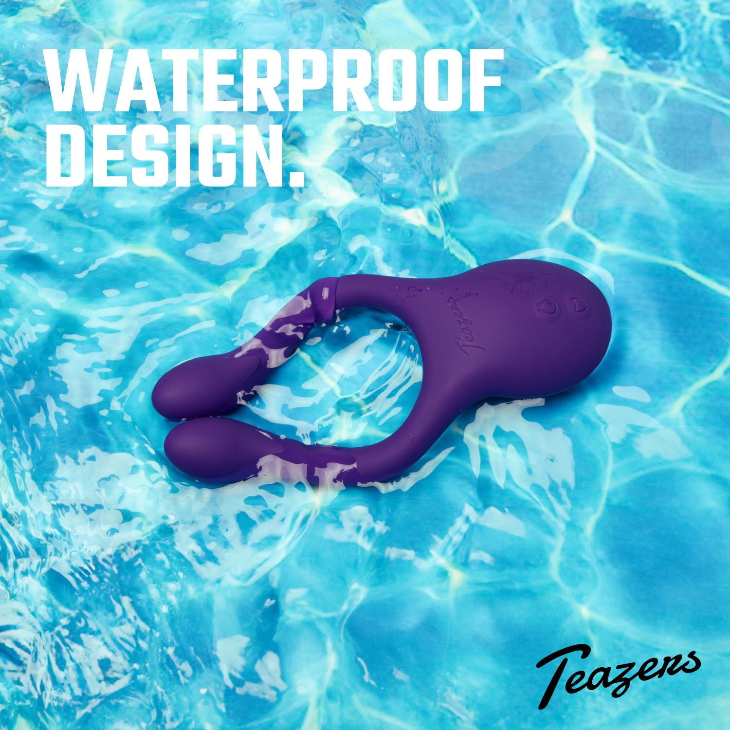 Lila wasserdichtes Sexspielzeug im Wasser. Die Worte 'WATERPROOF DESIGN' stehen oben.