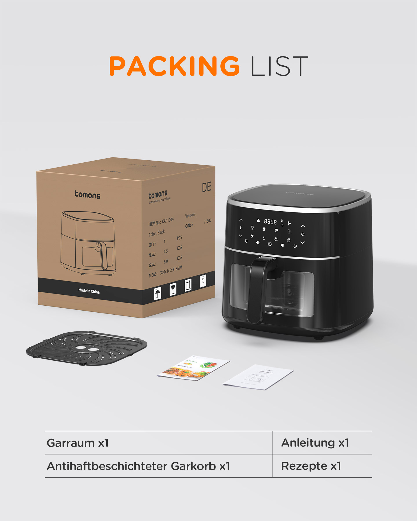 Eine schwarze Heißluftfritteuse und Box mit Packliste, Zubehör und Anweisungen.