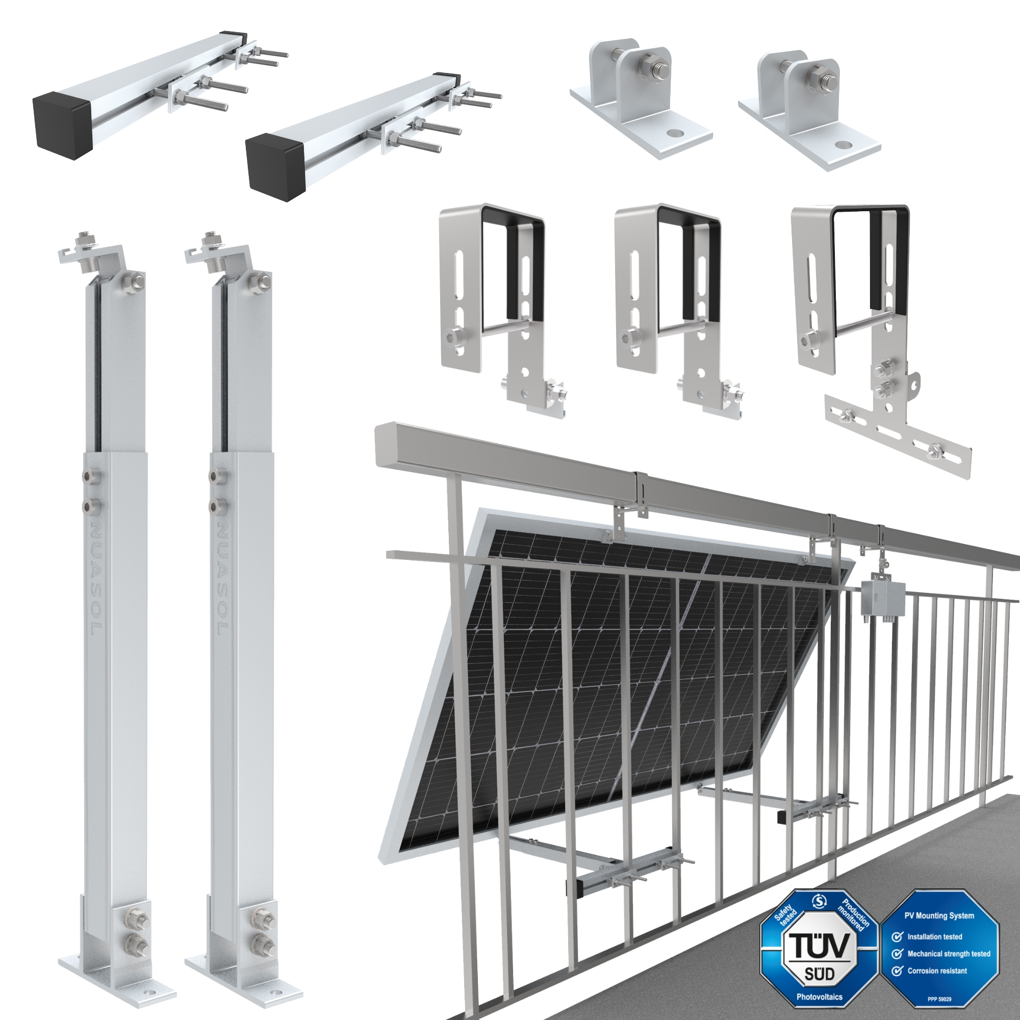 Solarpanel-Montagesystem. Silberne Halterungen, Paneele und Geländer. TÜV SUD und PV-Montagesystem-Logos.