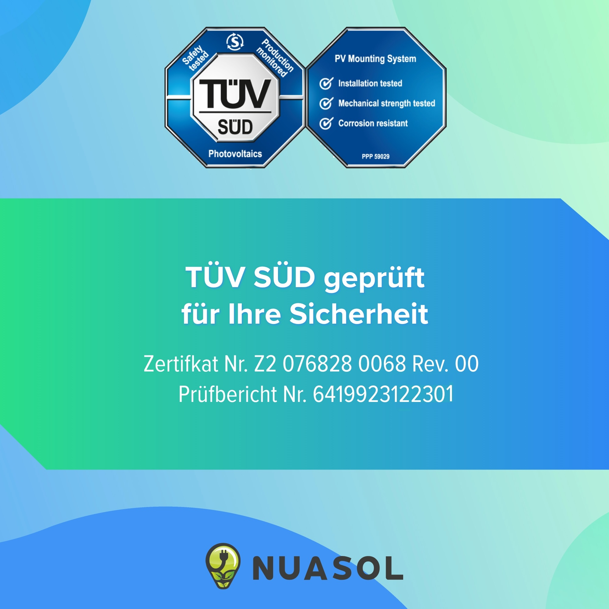 TÜV SÜD-Zertifizierungsetikett mit Text zu Sicherheit und Qualität für Photovoltaik.