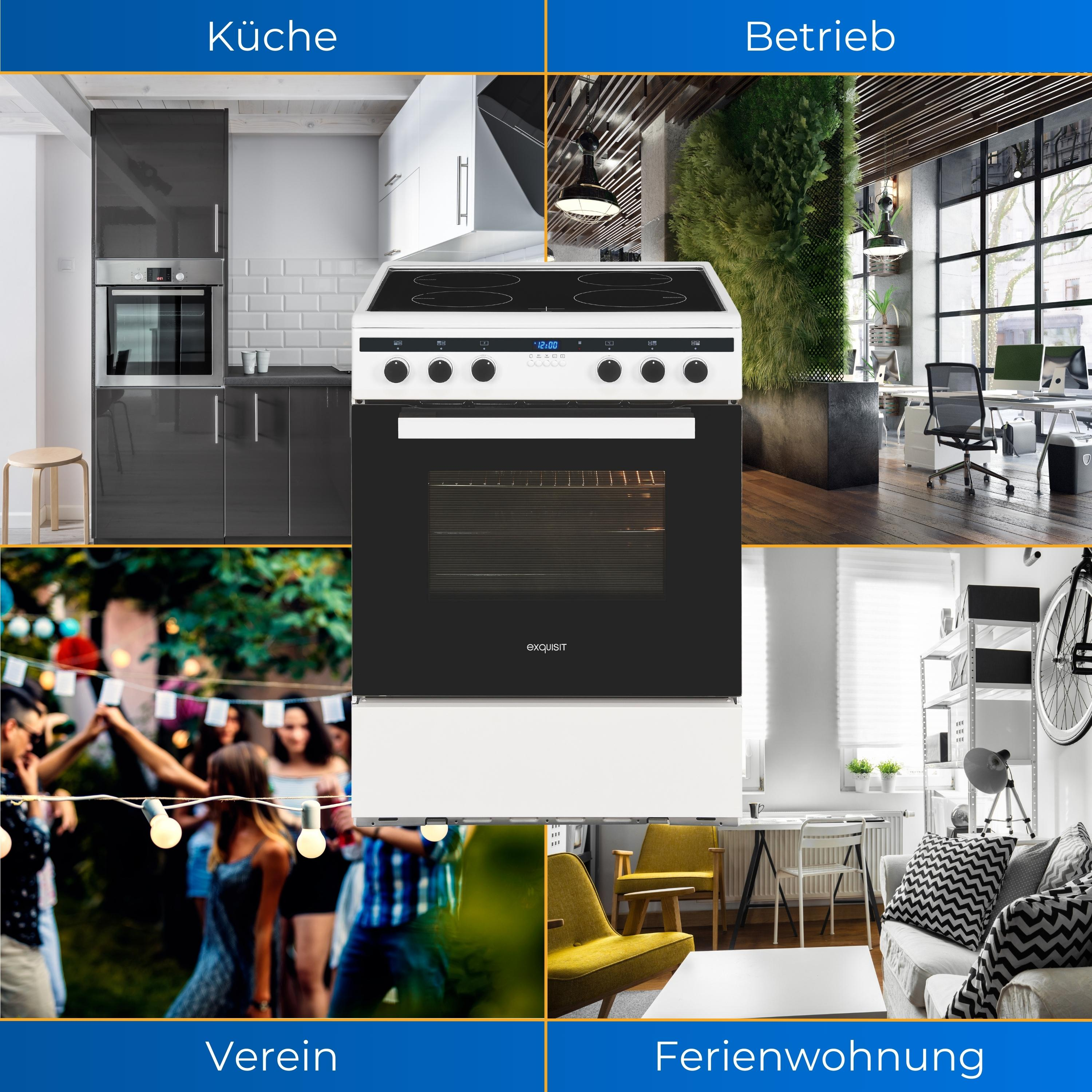 Eine Küche, ein Büro, ein Treffen und eine Wohnung, jeweils mit zugehörigen Szenen.