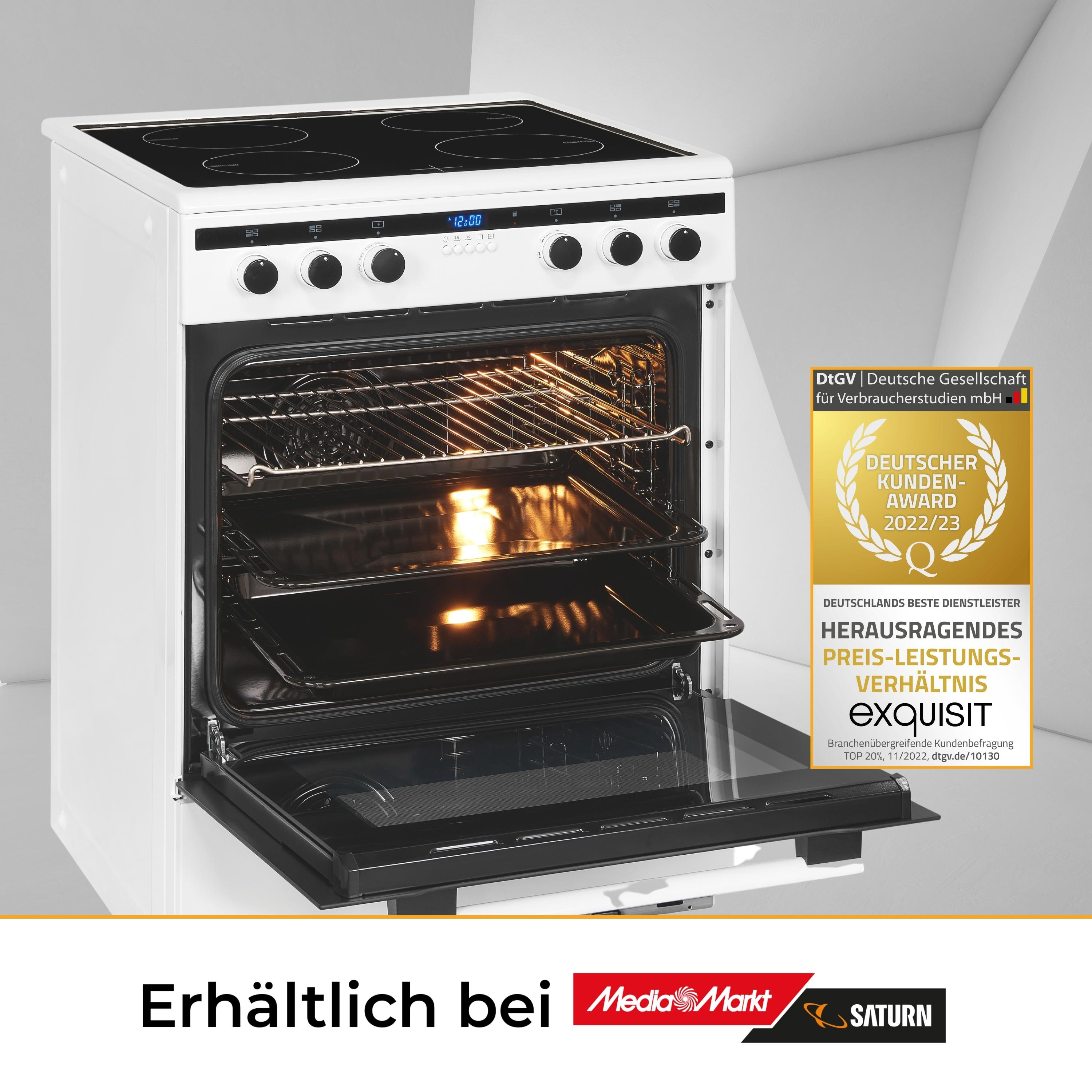 Weißer Ofen mit offener Tür, Licht innen und goldener Auszeichnung rechts. Text unten.