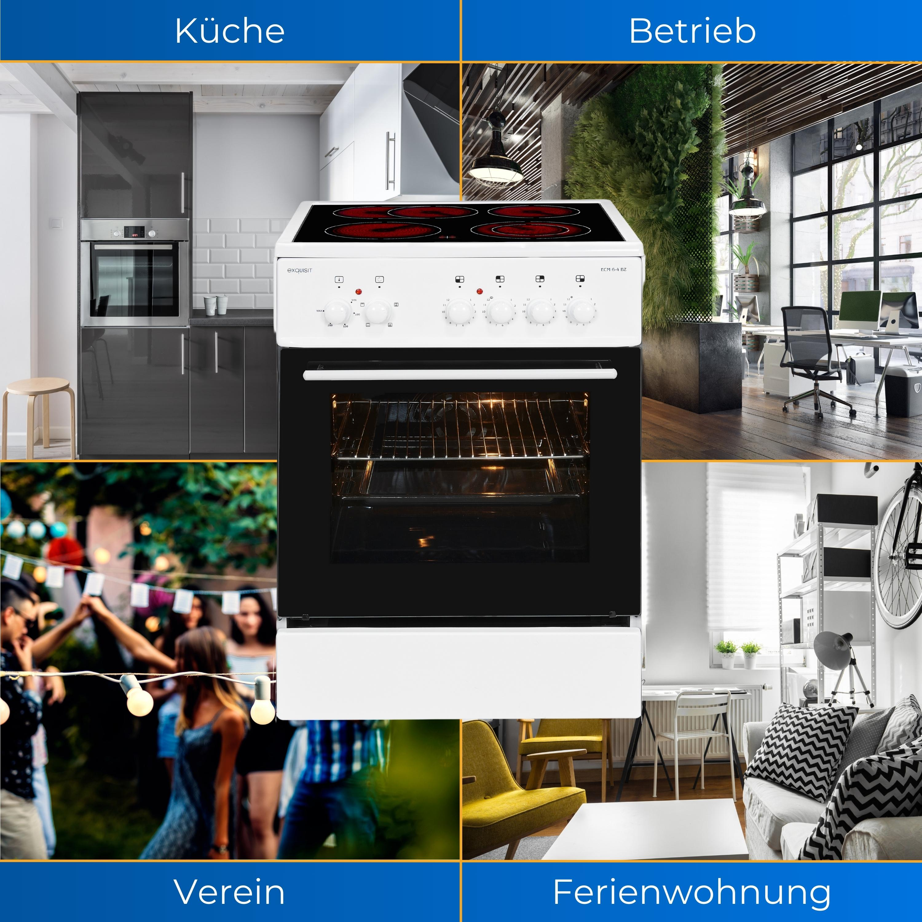 Collage mit Küchen-, Büro-, Party- und Ferienhausszenen. Ein weißer Ofen ist das zentrale Element.