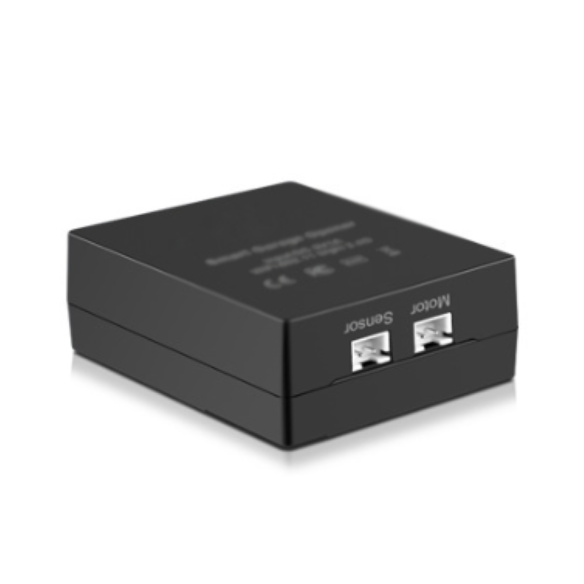 Schwarze Box mit zwei weißen Anschlüssen mit der Bezeichnung Sensor und Motor.