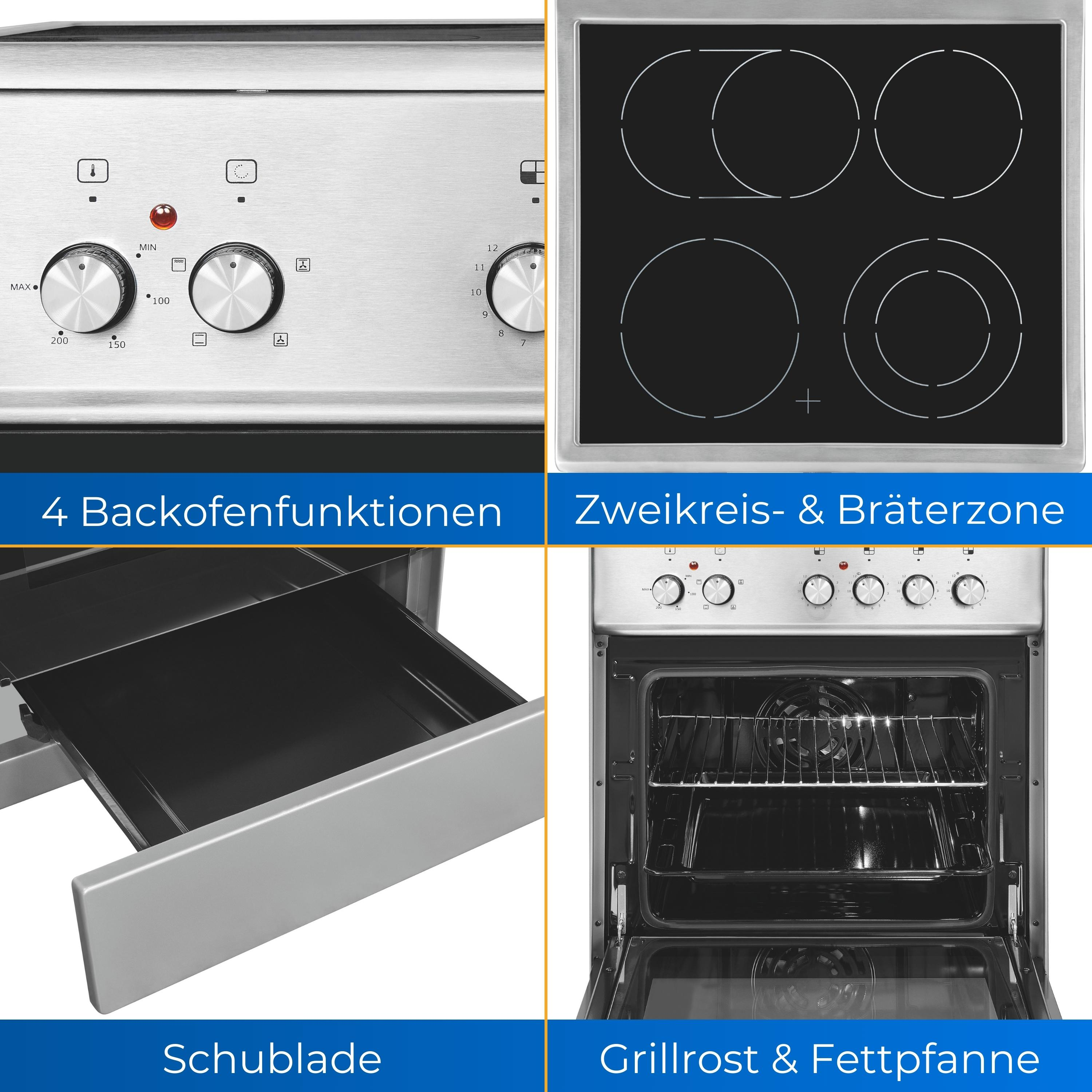 Mehrere Ansichten eines modernen Kochfelds mit Bedienelementen, Brennern, Schublade und Ofeninnenraum. Silber- und Schwarzdesign.