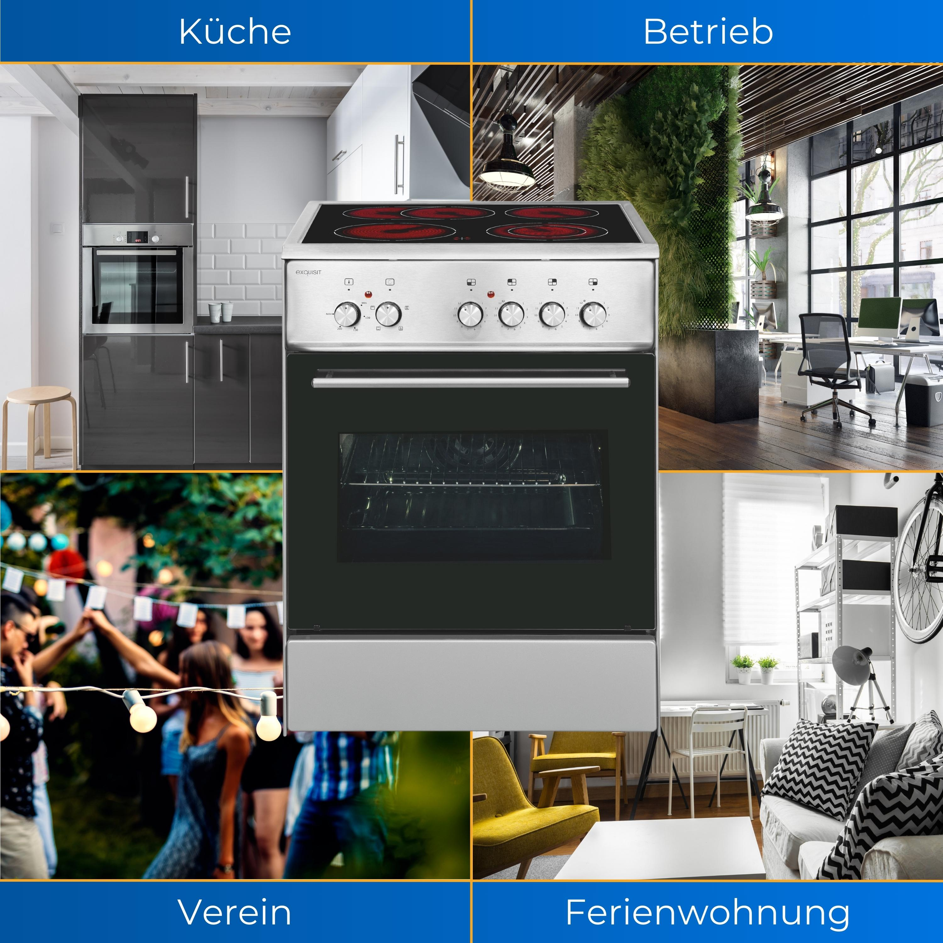 Eine Collage von Küche, Geschäft, Party und Wohnungsszenen. Ofen im Zentrum.