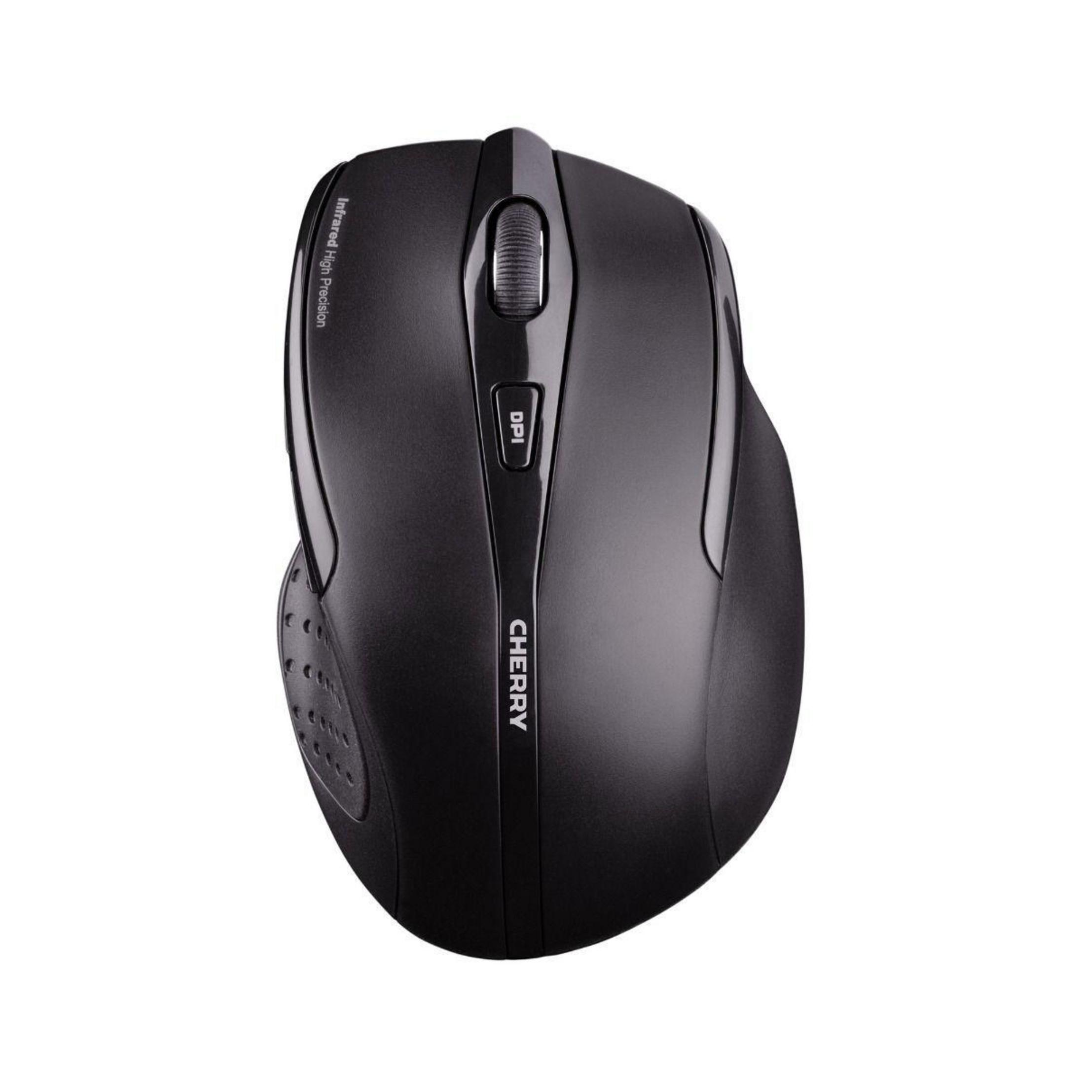 Eine schwarze Computermaus mit Scrollrad, Tasten und dem Wort 'CHERRY' darauf.