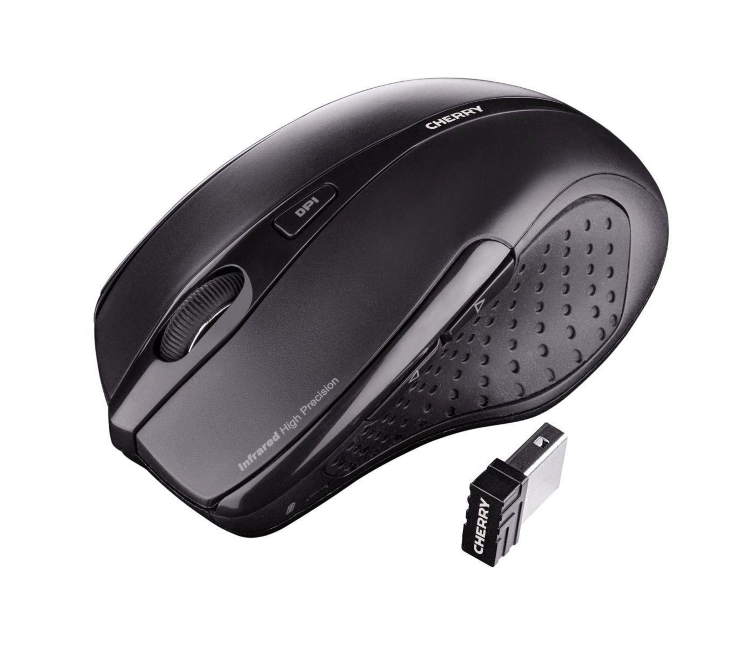 Eine schwarze Cherry-Funkmaus mit USB-Empfänger. Die Maus hat ein Scrollrad und eine DPI-Taste.