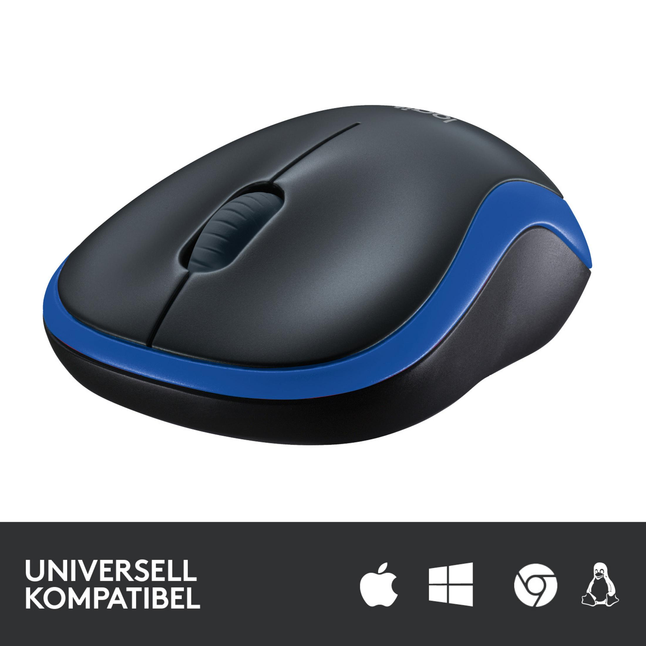 Czarna i niebieska mysz bezprzewodowa Logitech. Znajduje się na białym tle.