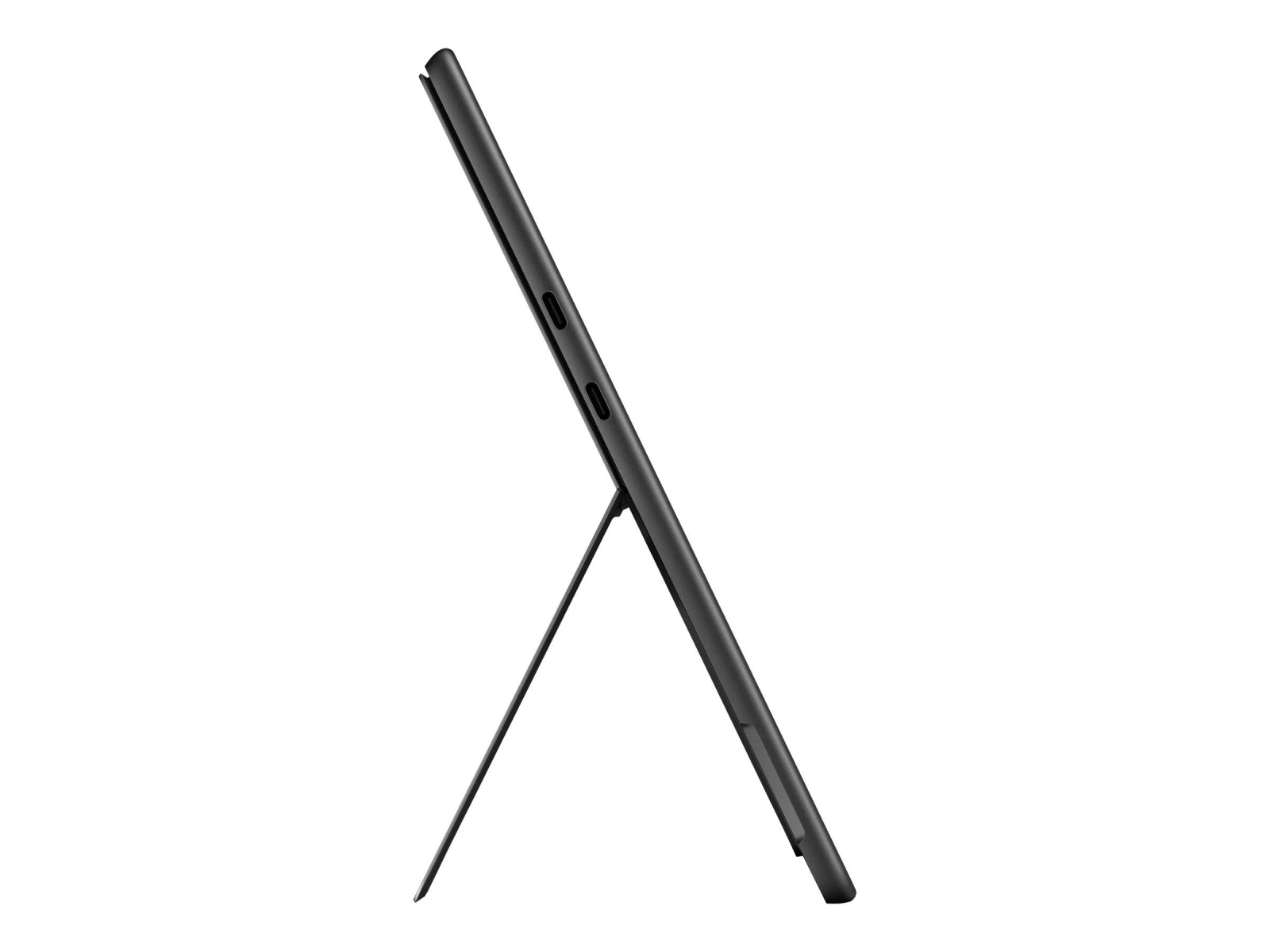 Un tablet nero appoggiato sul suo cavalletto, vista laterale. Lo schermo è vuoto.