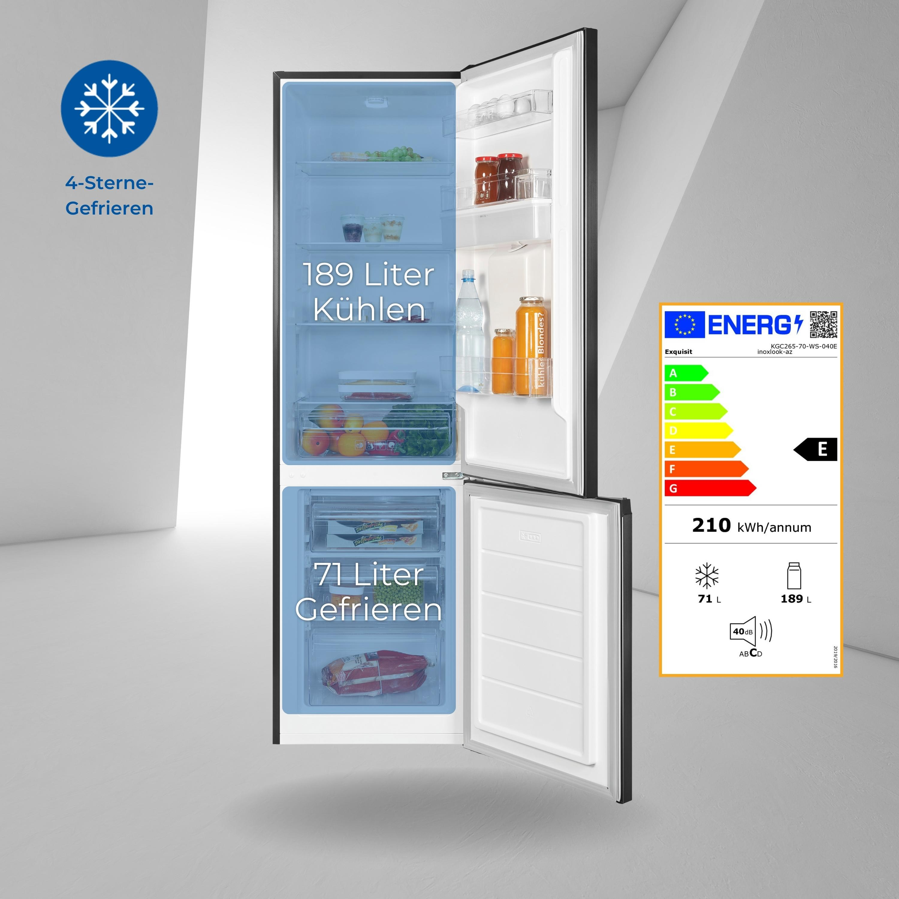 Schwarzer Kühlschrank, geöffnet. Innenraum zeigt Essen und Getränke. Energieetikett an der Seite.