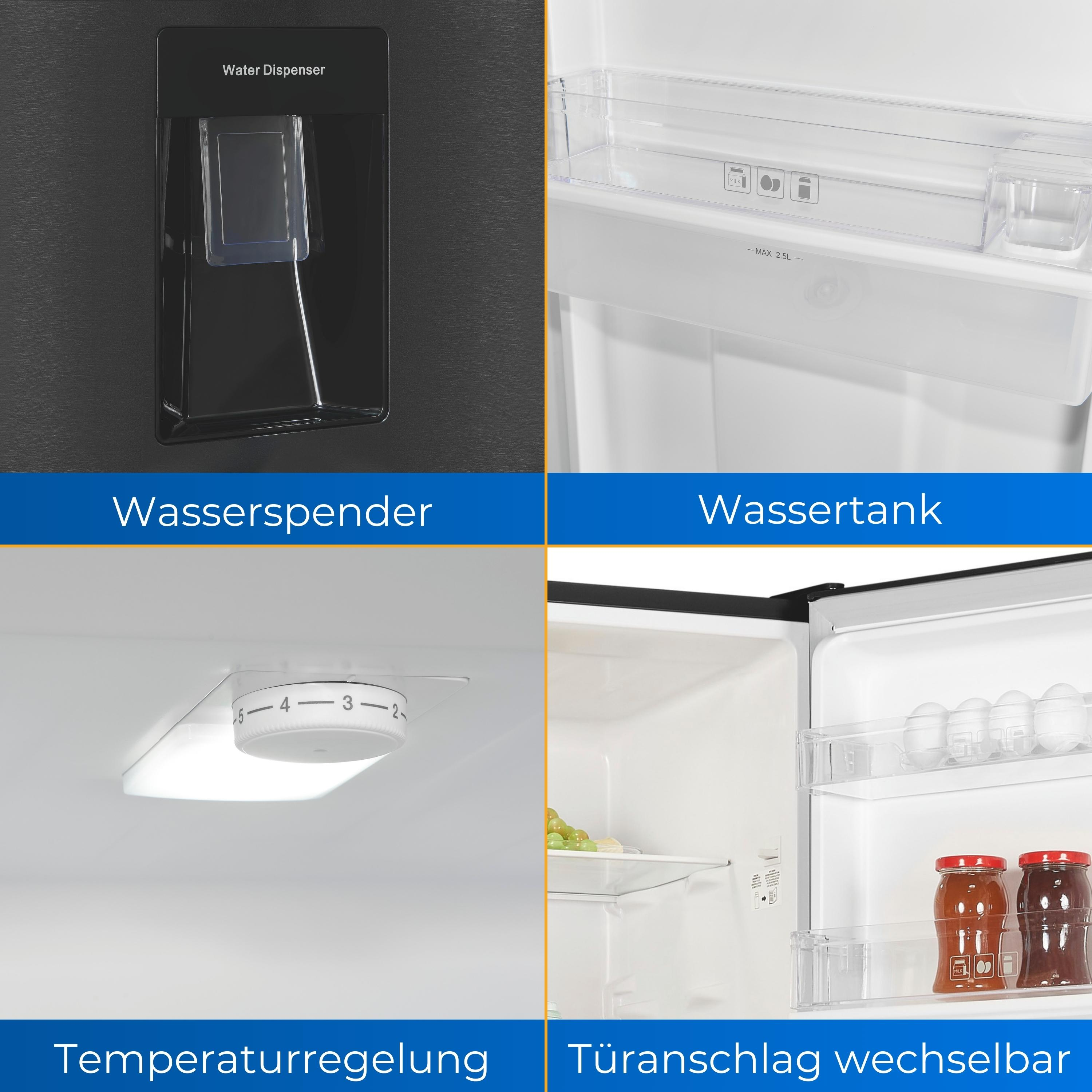 Vier Bilder von Kühlschrankkomponenten: Wasserspender, Wassertank, Temperaturregelung, Tür.