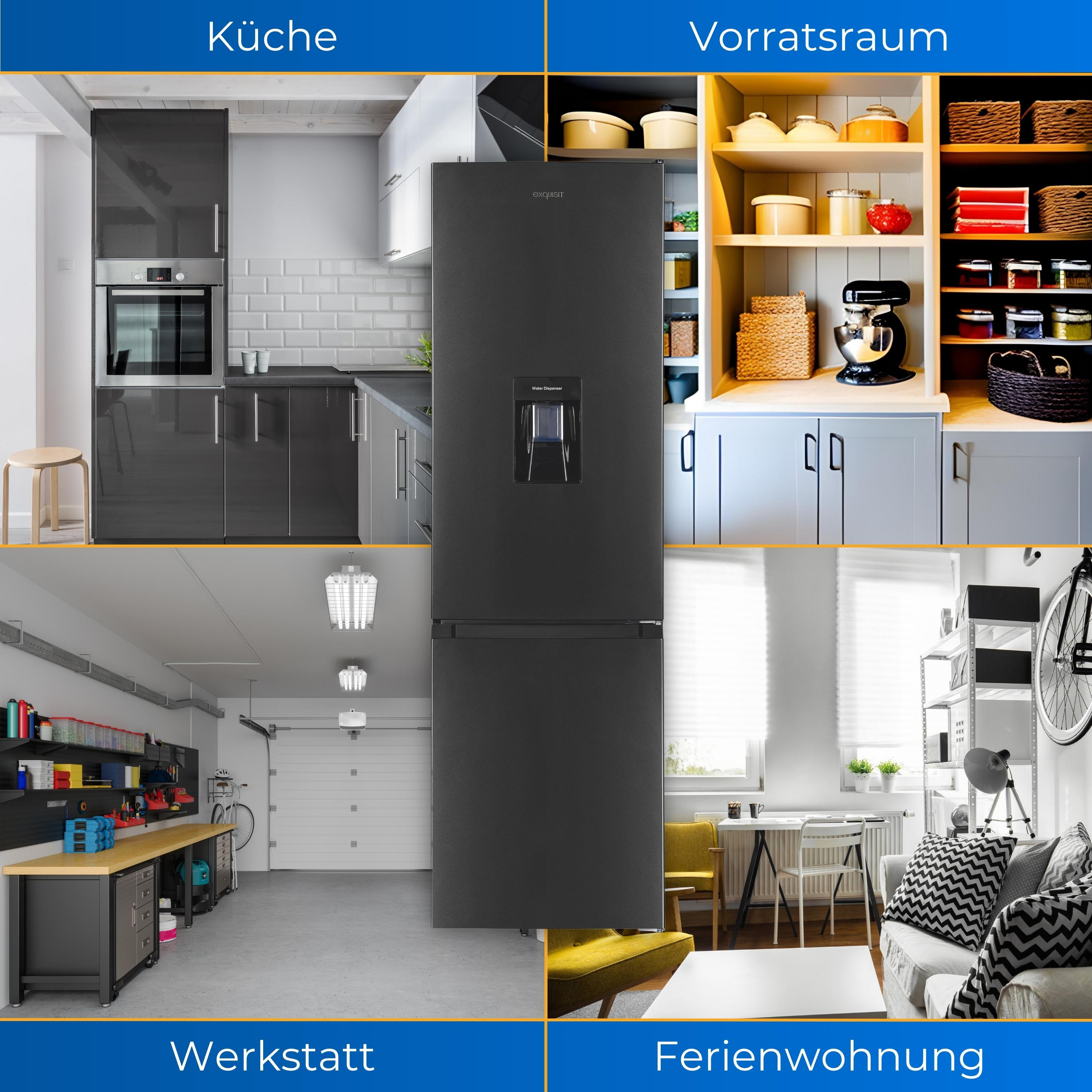 Ein schwarzer Kühlschrank in einer Küche, mit anderen Räumen und ihren Beschriftungen.