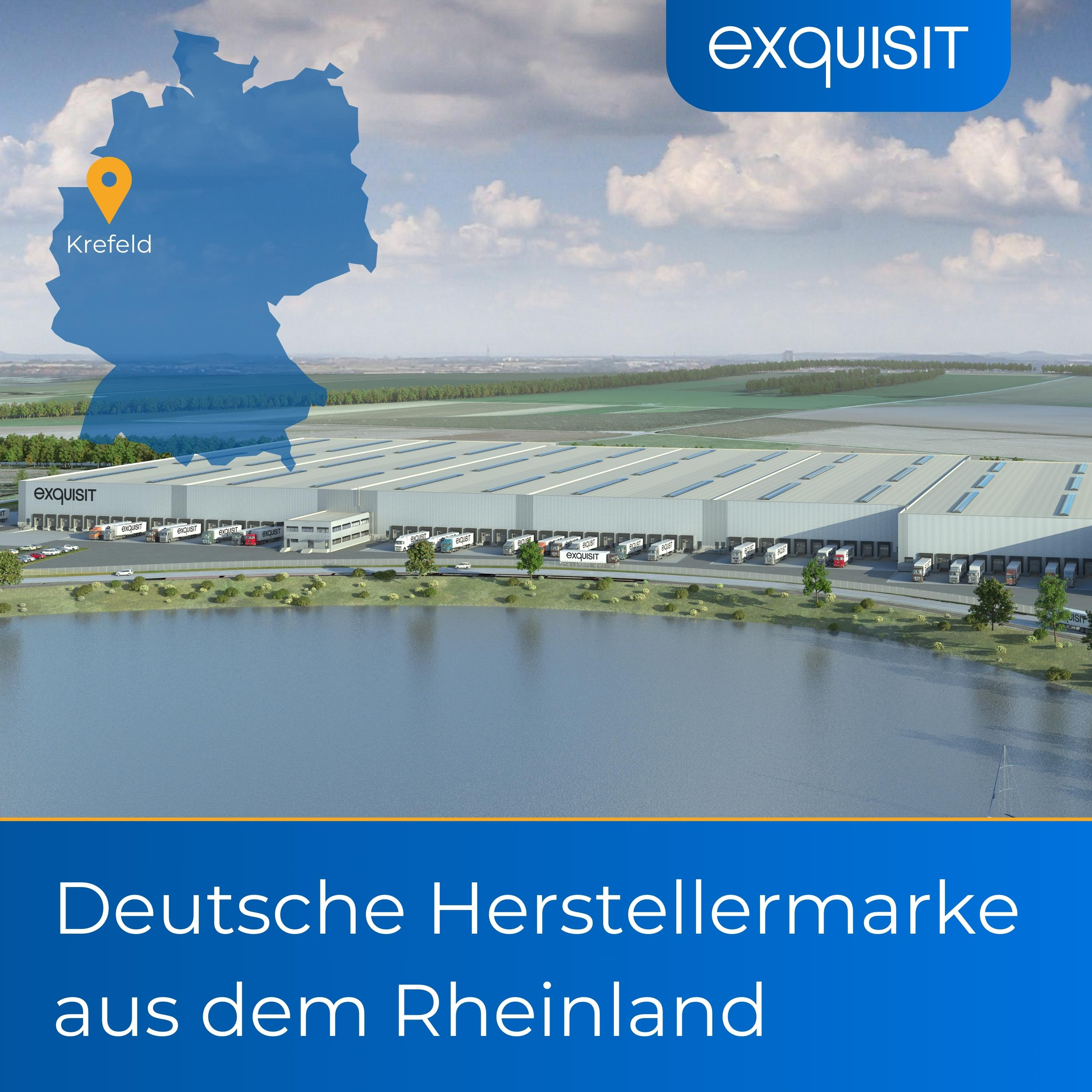 Großes Industriegebäude mit See, Deutschlandkarte mit Krefeld und Text.