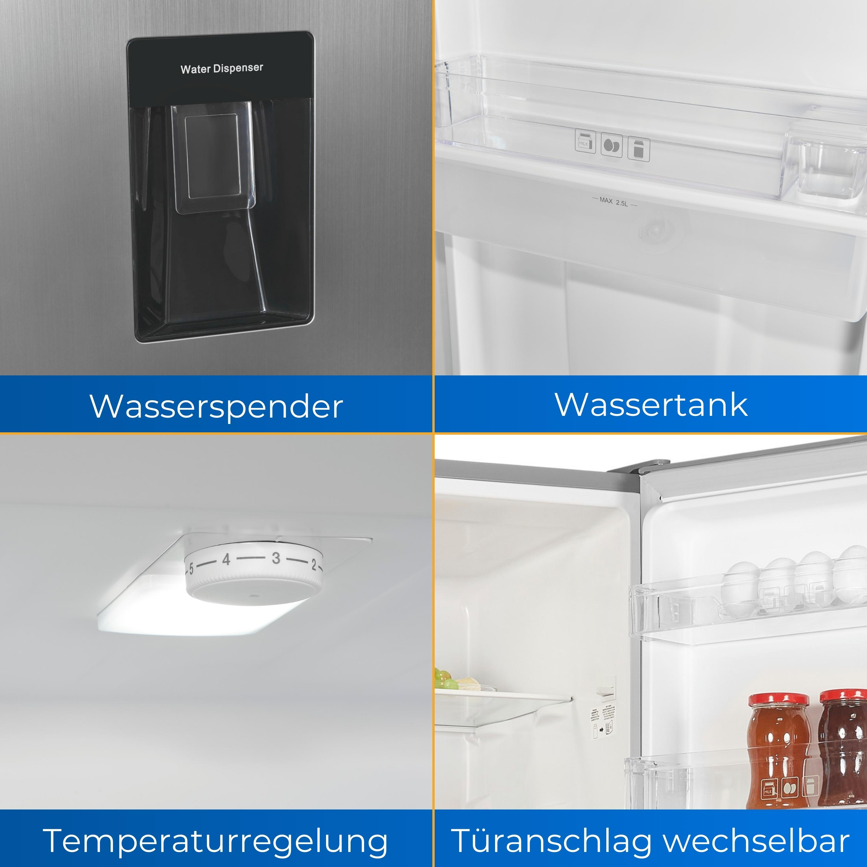Detalles del refrigerador: dispensador de agua, tanque de agua, control de temperatura y puerta reversible. Todos los componentes se muestran.