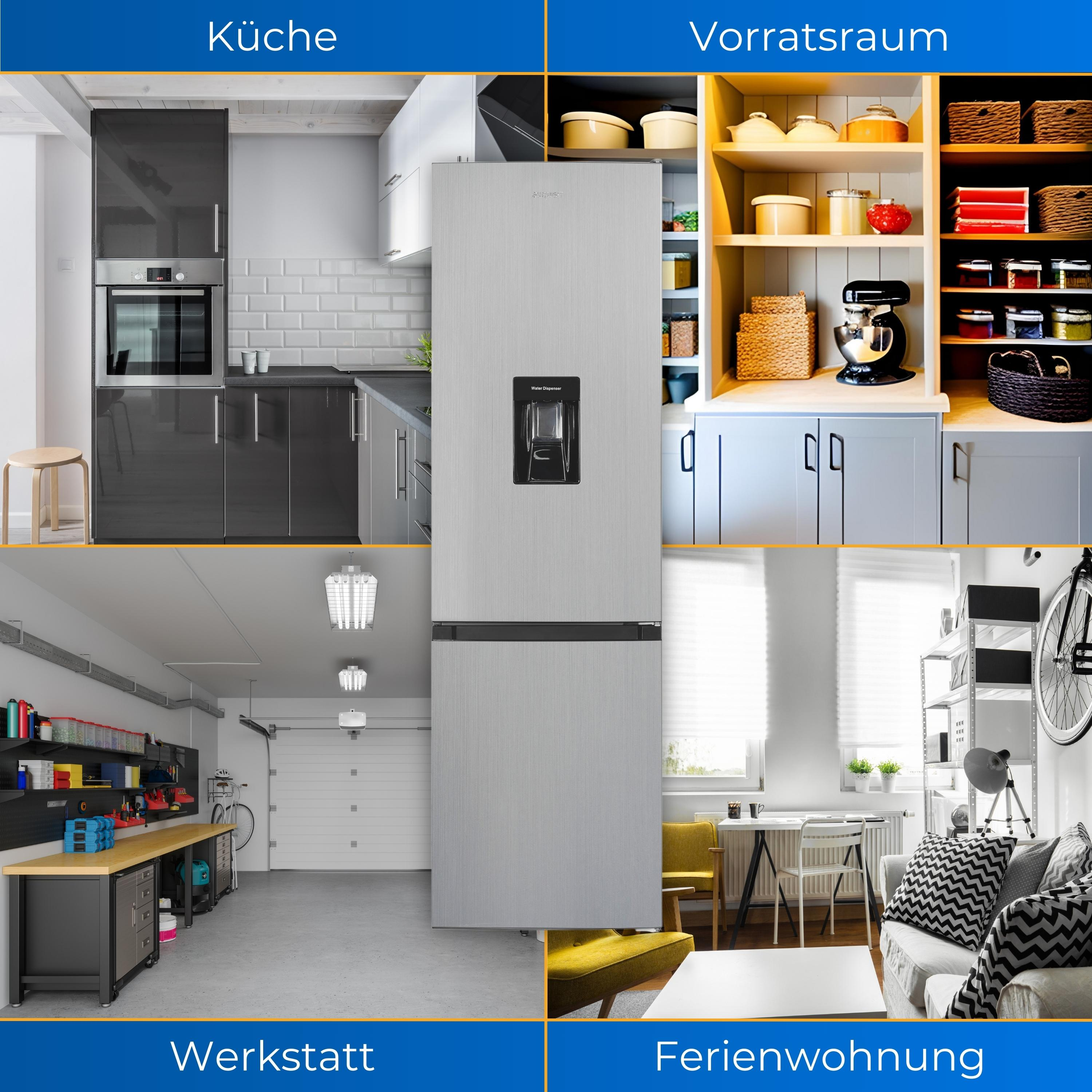 Un collage de imágenes, que muestra cocinas, un refrigerador y otros espacios interiores.