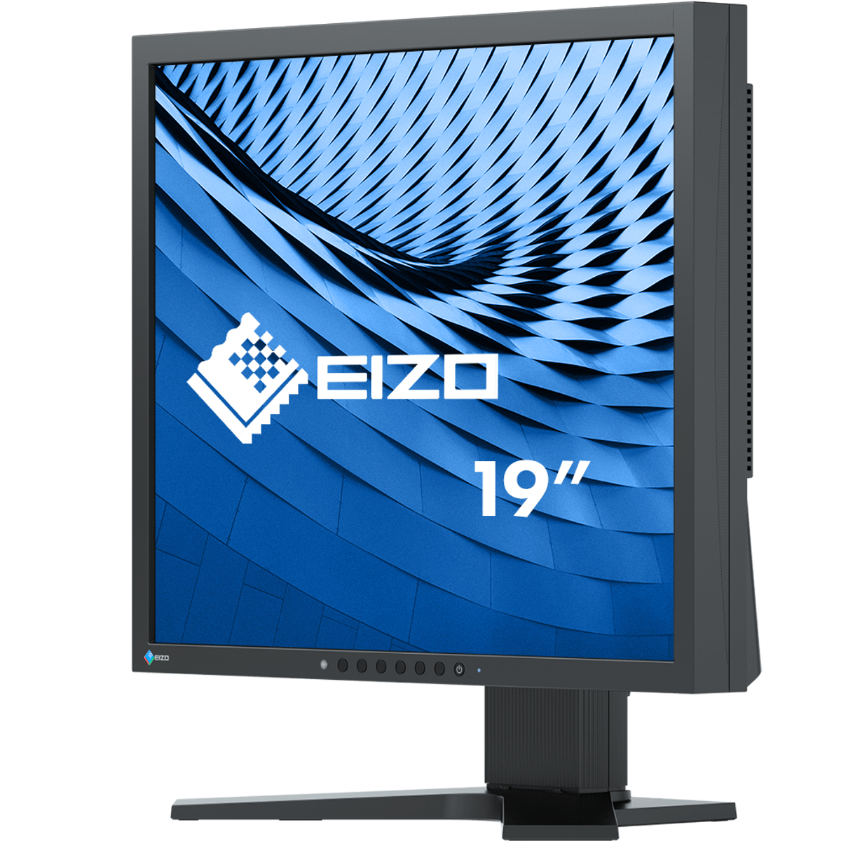 Schwarzer Eizo 19" Monitor mit blauem Muster. Das Eizo Logo ist sichtbar.