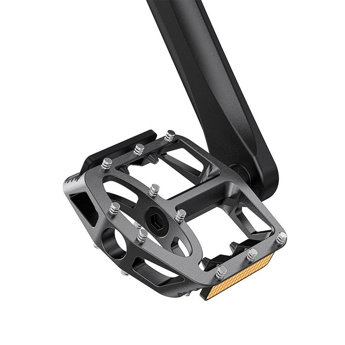 Nahaufnahme eines Fahrradpedals mit Metallrahmen und gelbem Reflektor.