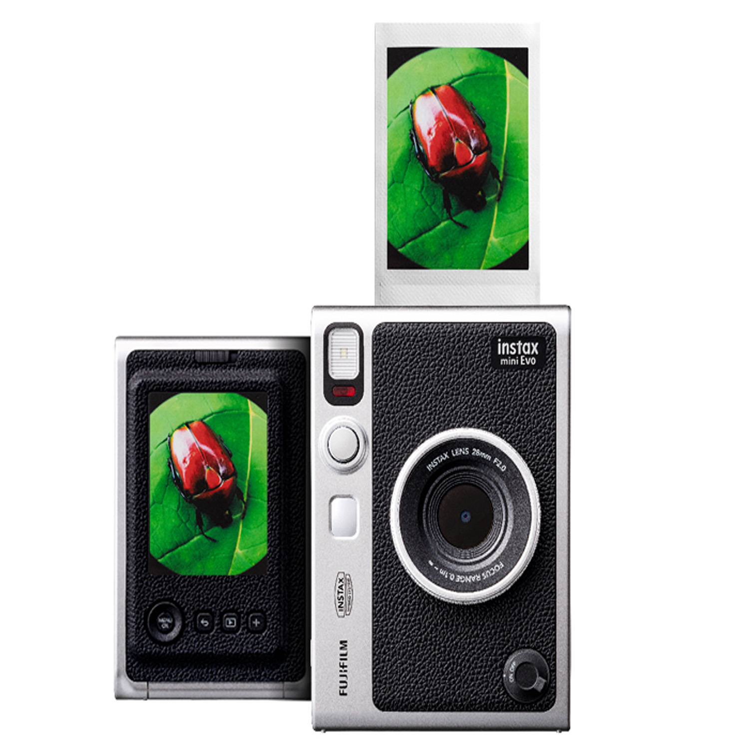 Aparat Instax Mini Evo, dwa ekrany i zdjęcie czerwonego chrząszcza na zielonym liściu.