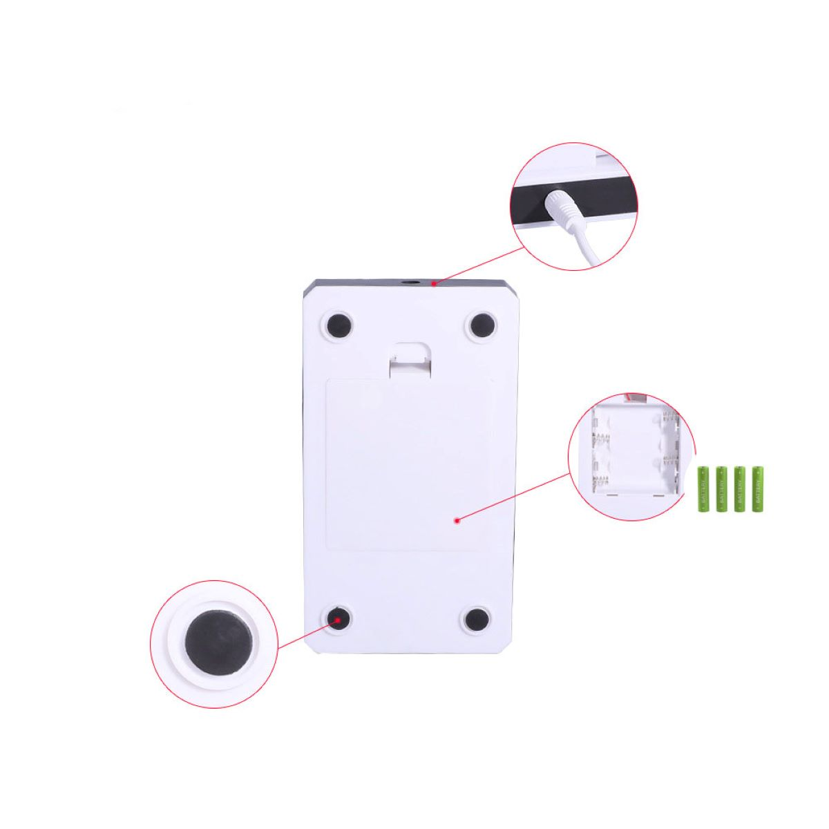 Weißes Gerät mit detaillierten Diagrammen. Batteriefach, Ladeanschluss und Power-Knopf sind gezeigt.