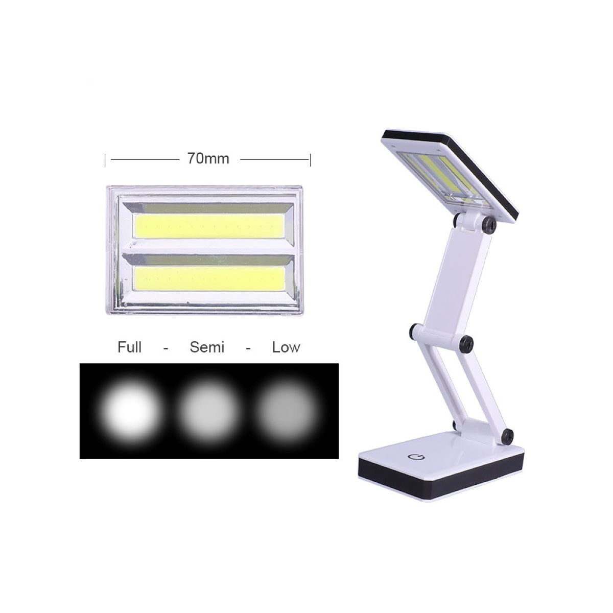 Eine weiße, faltbare Schreibtischlampe mit Lichteinstellungen und Diagramm.