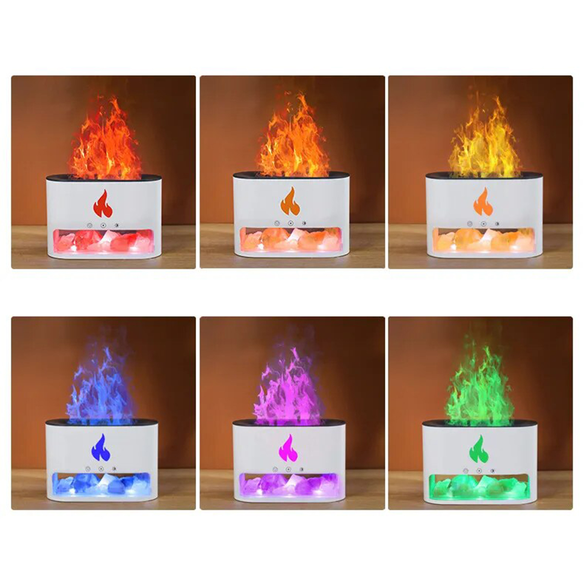 Seis pequeñas cajas blancas con efecto de llama, cada una con llamas de diferentes colores y bases de roca.