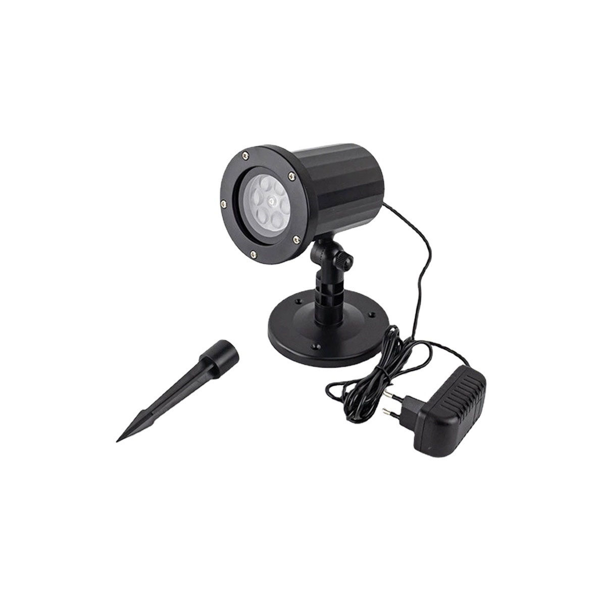 Schwarze Projektorlampe mit Ständer und Netzteil sowie einem schwarzen Spike auf weißem Hintergrund.