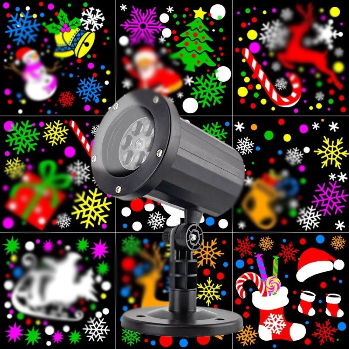 Ein Weihnachtslichtprojektor, der mehrere festliche Bilder auf schwarzem Hintergrund zeigt.
