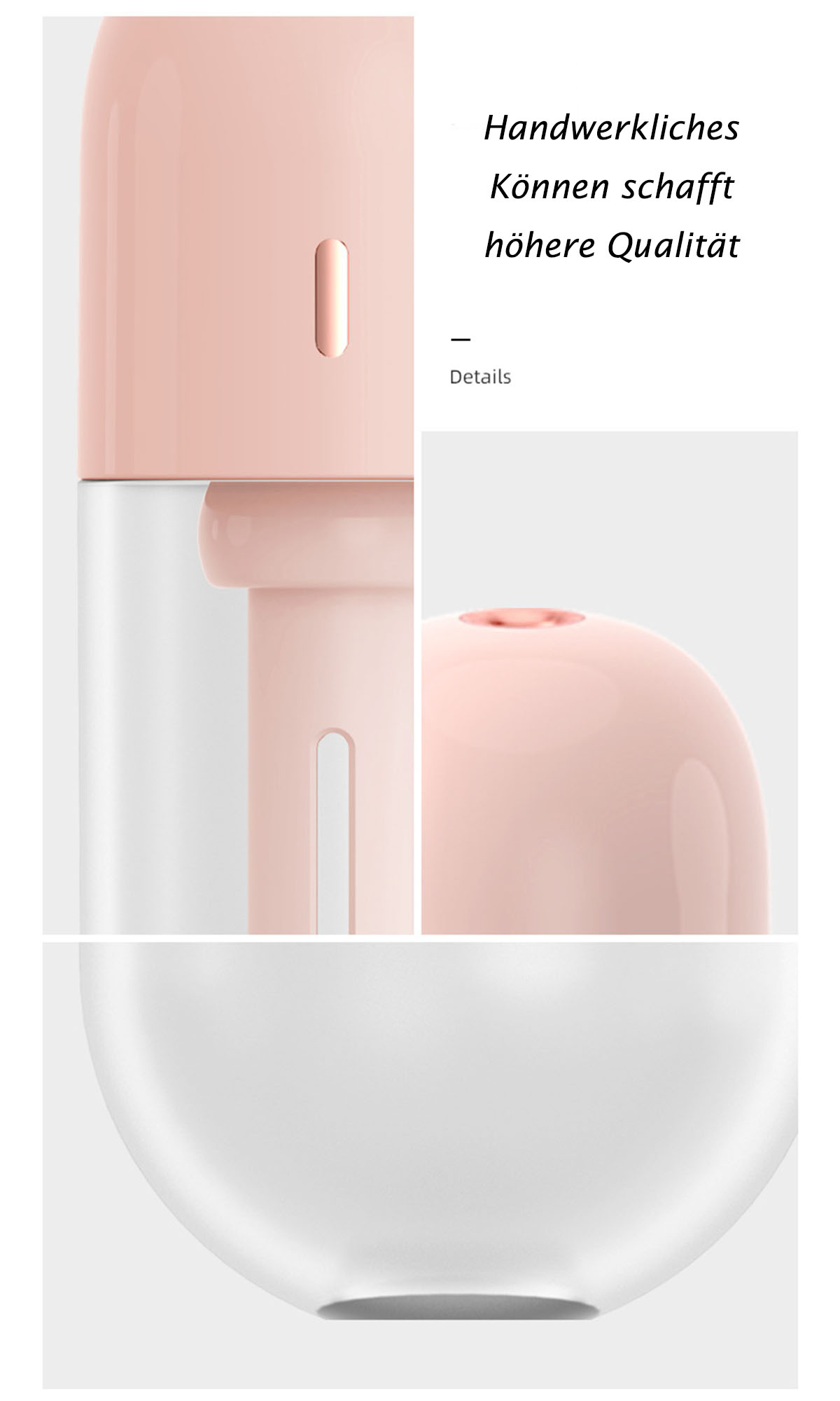 Rosa-weiße Produktdetailaufnahmen eines schlanken, modernen Behälters, Nahaufnahmen.