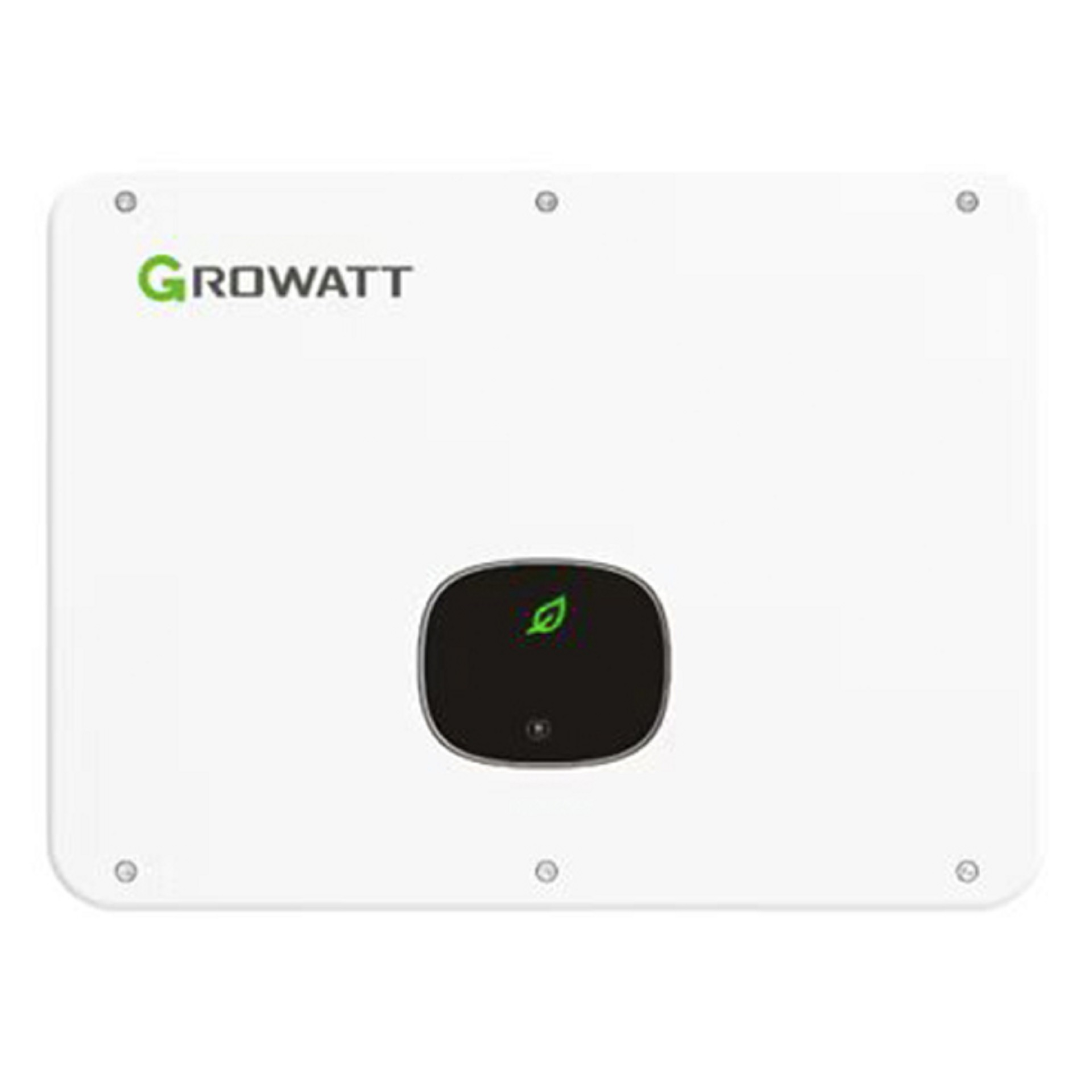 Weißes Growatt-Solarpanel mit einem schwarzen zentralen Bedienfeld.