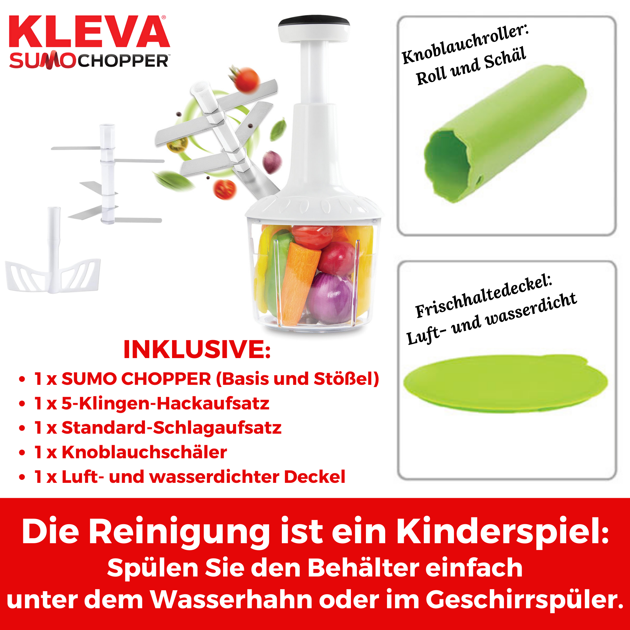 Hacker mit Klingen und gehacktem Gemüse. Zusätzliche Teile und Textbeschreibungen enthalten.