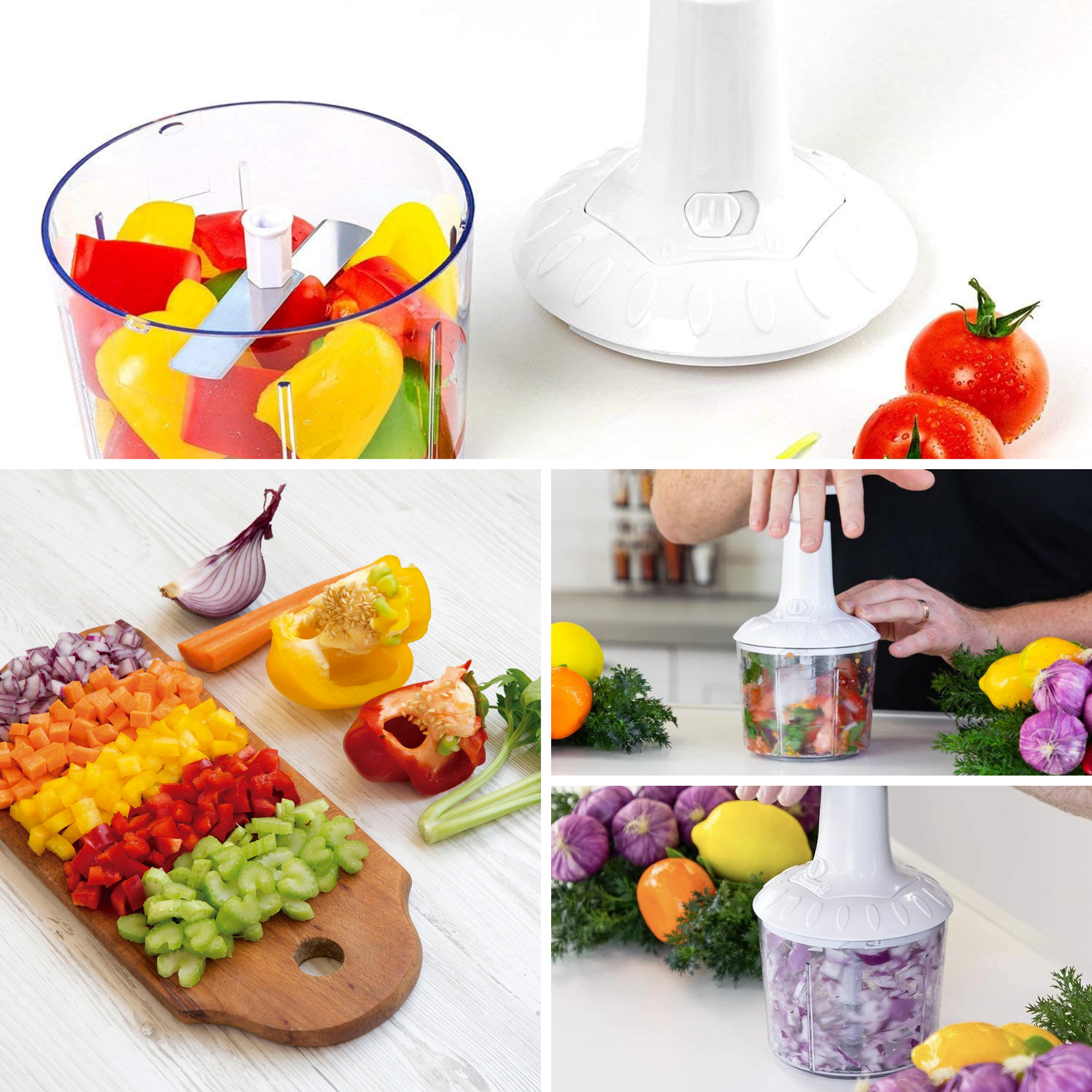 Mehrere Bilder von gehacktem Gemüse. Enthält Tomaten, Zwiebeln, Paprika und Sellerie. Weißer Hintergrund.