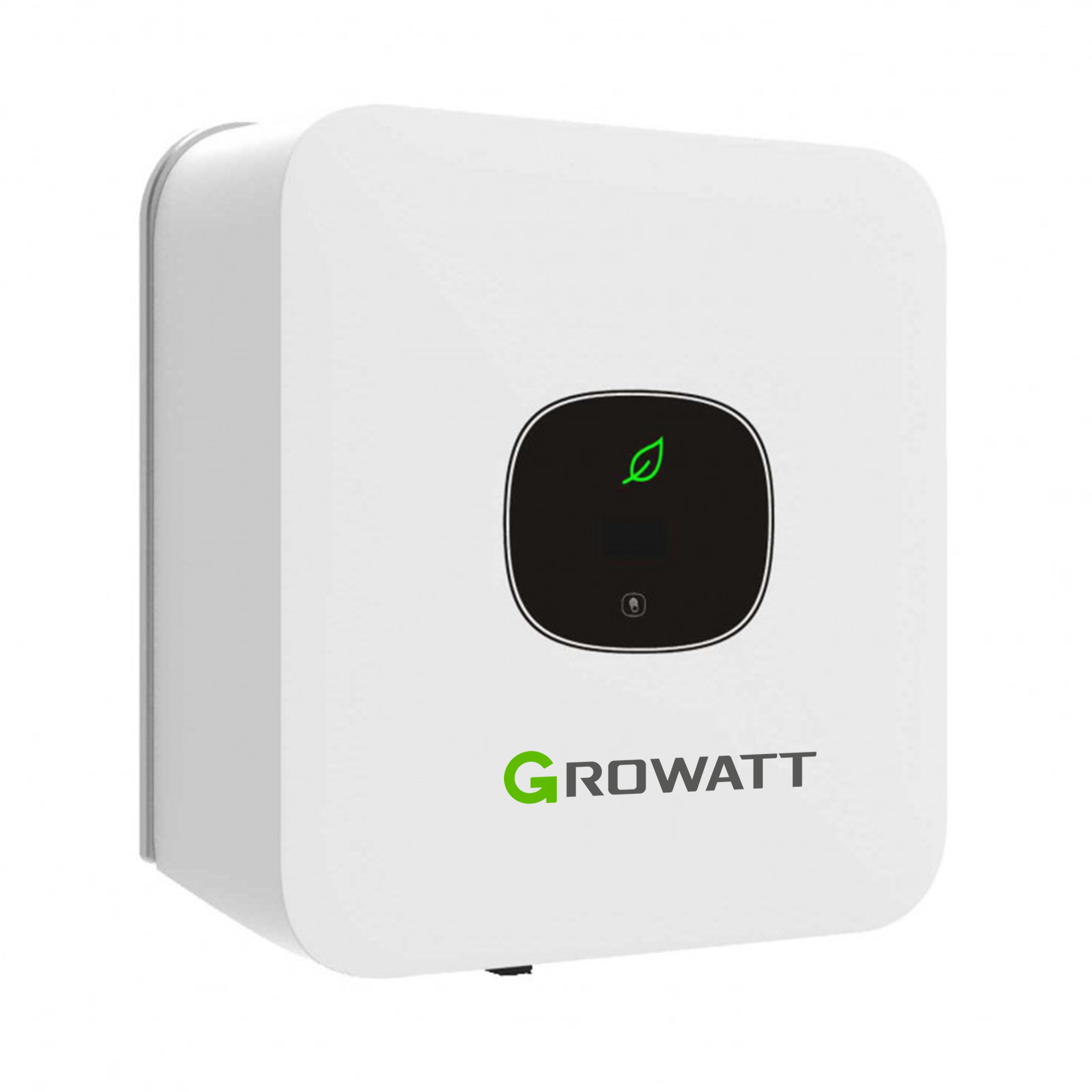 Weißer Growatt-Solarwechselrichter. Ein schwarzer Kreis mit einem Blattsymbol in der Mitte.