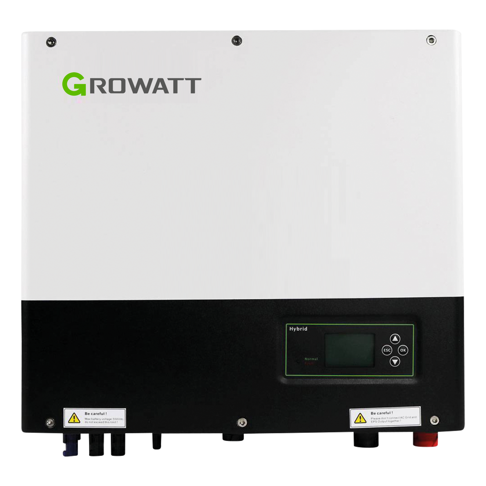 Weißer und schwarzer Growatt Hybrid-Wechselrichter. Zeigt einen Bildschirm mit Knöpfen und Beschriftungen.